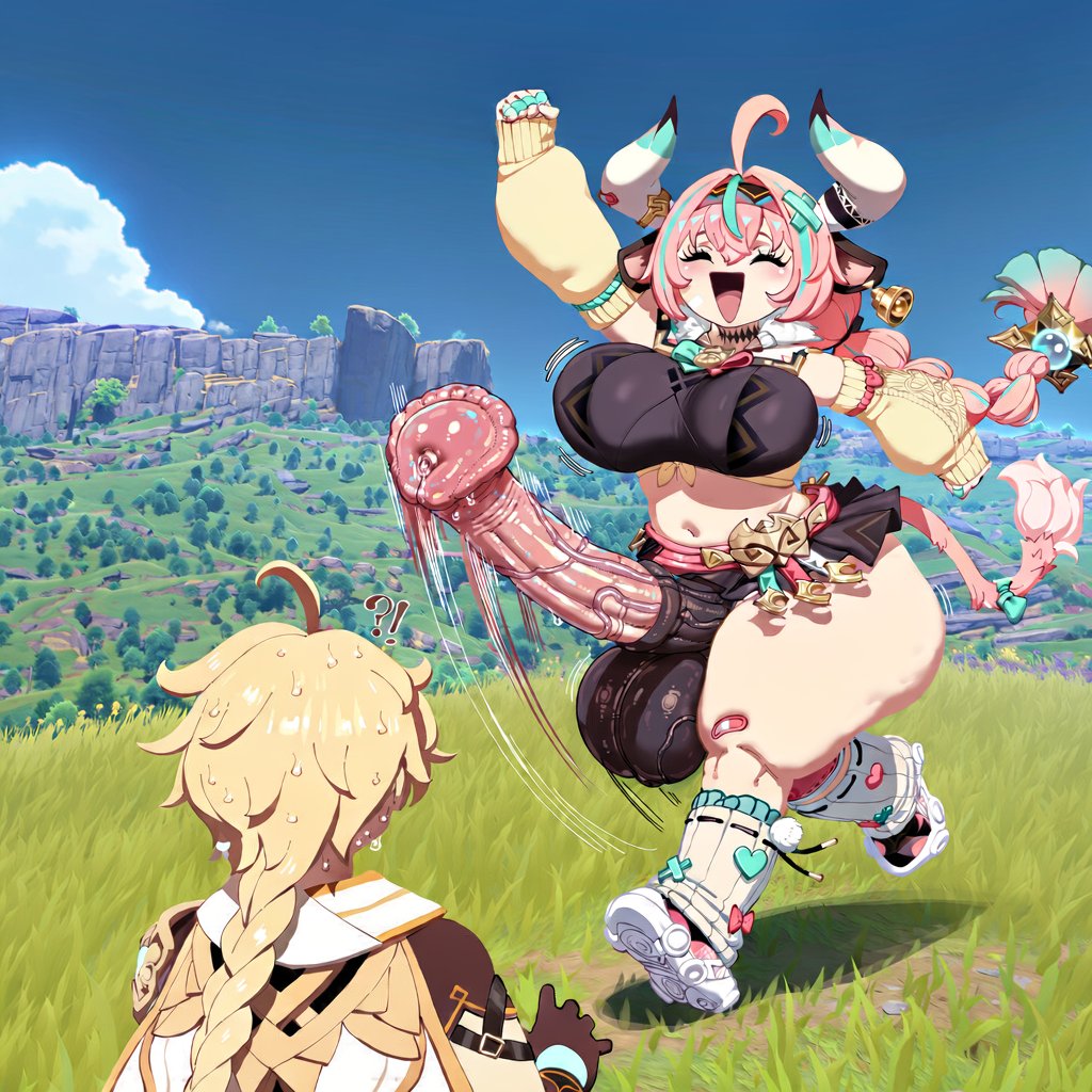 1femboy, 1futa, aether (genshin impact), ai generated, balls, blonde hair, braided ponytail, braided twintails, breasts, closed eyes, cow girl, cow horns, cow tail, femboy, futa only, futanari, genshin impact, happy female, horns, horsecock, huge cock, ichimou, imminent sex, ishimo, kemonomimi, large balls, large breasts, large penis, light-skinned futa, long hair, low ponytail, low twintails, midriff, midriff baring shirt, navel, nervous male, nervous sweat, pale skin, pale-skinned female, penis, pink hair, ponytail, solo, thick thighs, twintails, varesa (genshin impact), veiny balls, veiny penis