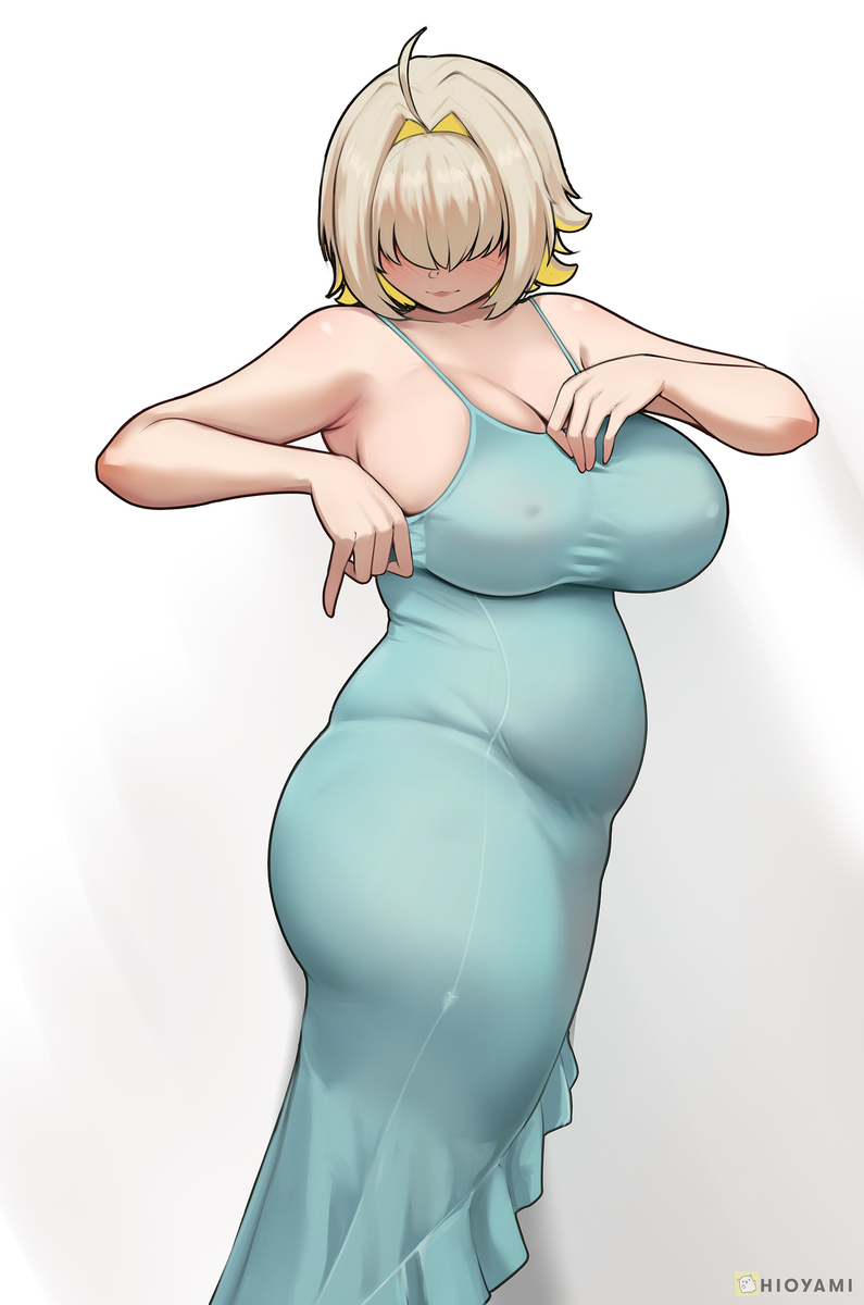 1girls, adjusting clothes, ahoge, beige hair, belly, blue clothing, blue dress, chubby, chubby belly, chubby female, clothed, clothing, colored inner hair, curvy, curvy figure, dress, elegg (nikke), female, female only, goddess of victory: nikke, hair, hair covering eyes, hair over eyes, hioyami, nipples, nipples visible through clothing, obstructed eyes, pinup, side view, slightly chubby, solo, solo female, solo focus, tight clothing, tummy, two tone hair, voluptuous, voluptuous female, yellow highlights