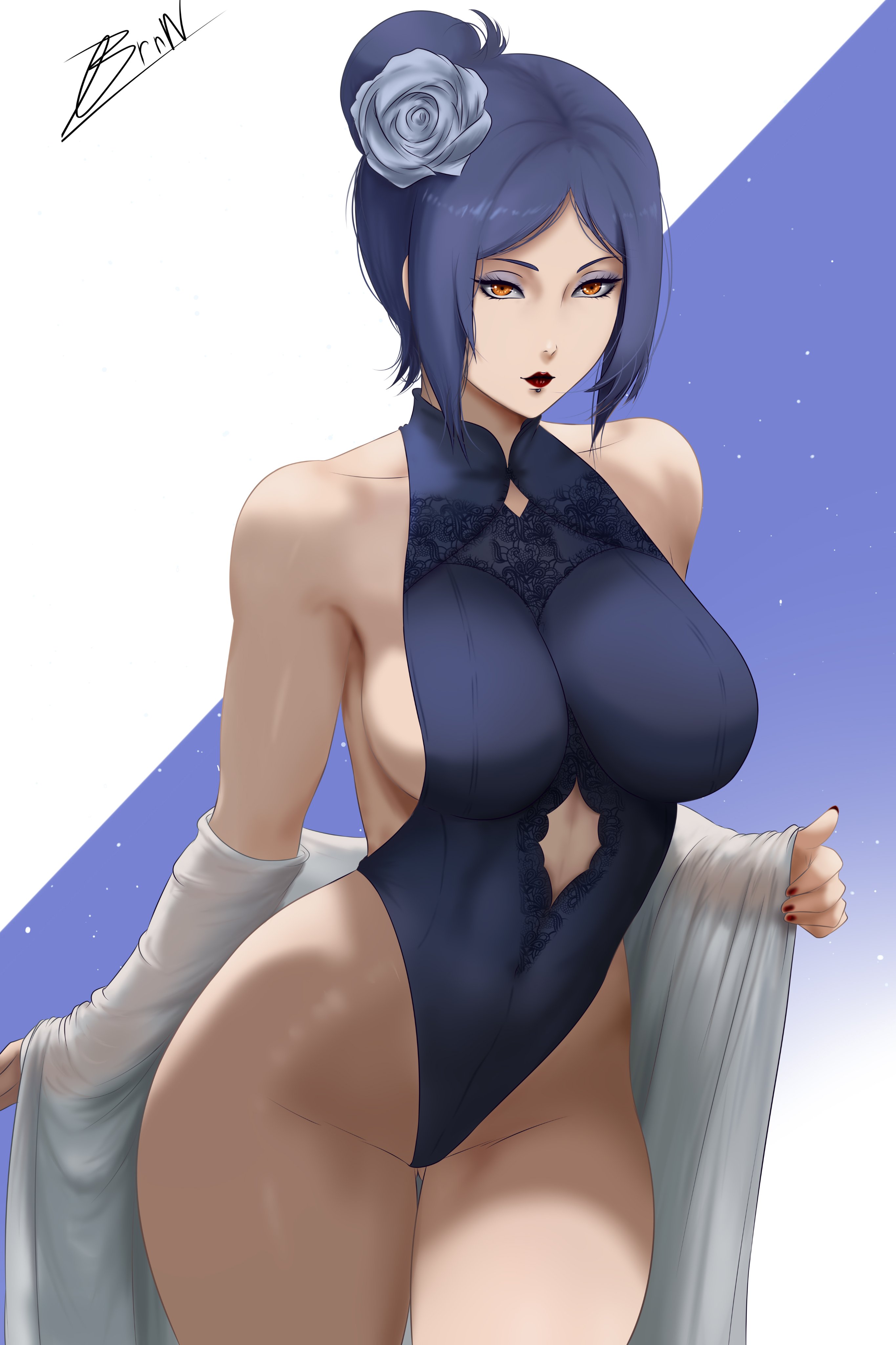 1girls, absurd res, absurd resolution, absurdres, asian female, bare shoulders, bbw, big breasts, blue lingerie, blue swimsuit, bob cut, brnn, busty, child bearing hips, cleavage, curvaceous, curvaceous female, curvaceous figure, curvy, curvy body, curvy female, curvy figure, curvy hips, eyelashes, eyeshadow, female, female focus, female only, hair bun, hair flower, hair ornament, hi res, high resolution, highres, hips, hips wider than shoulders, hourglass figure, hourglass figured female, japanese female, konan, konan (naruto), large breasts, light skin, light-skinned female, lingerie, lipstick, makeup, mature, mature body, mature female, mature woman, medium hair, milf, nail polish, naruto, naruto (series), naruto shippuden, no bra, no panties, one-piece swimsuit, painted nails, pale skin, pale-skinned female, perky breasts, piercing, piercings, pinup, pose, posing, purple eyeshadow, purple hair, red lips, red lipstick, red nail polish, red nails, robe, shonen jump, shoulder length hair, shounen jump, shueisha, sideboob, skimpy, skimpy clothes, skimpy dress, skimpy outfit, solo, solo female, solo focus, standing, swimsuit, thick legs, thick thighs, thighs, thunder thighs, tied hair, undressing, venus body, very high resolution, voluptuous, voluptuous body, voluptuous female, weekly shonen jump, weekly shonen magazine, weekly shounen jump, white robe, wide hips, yellow eyes