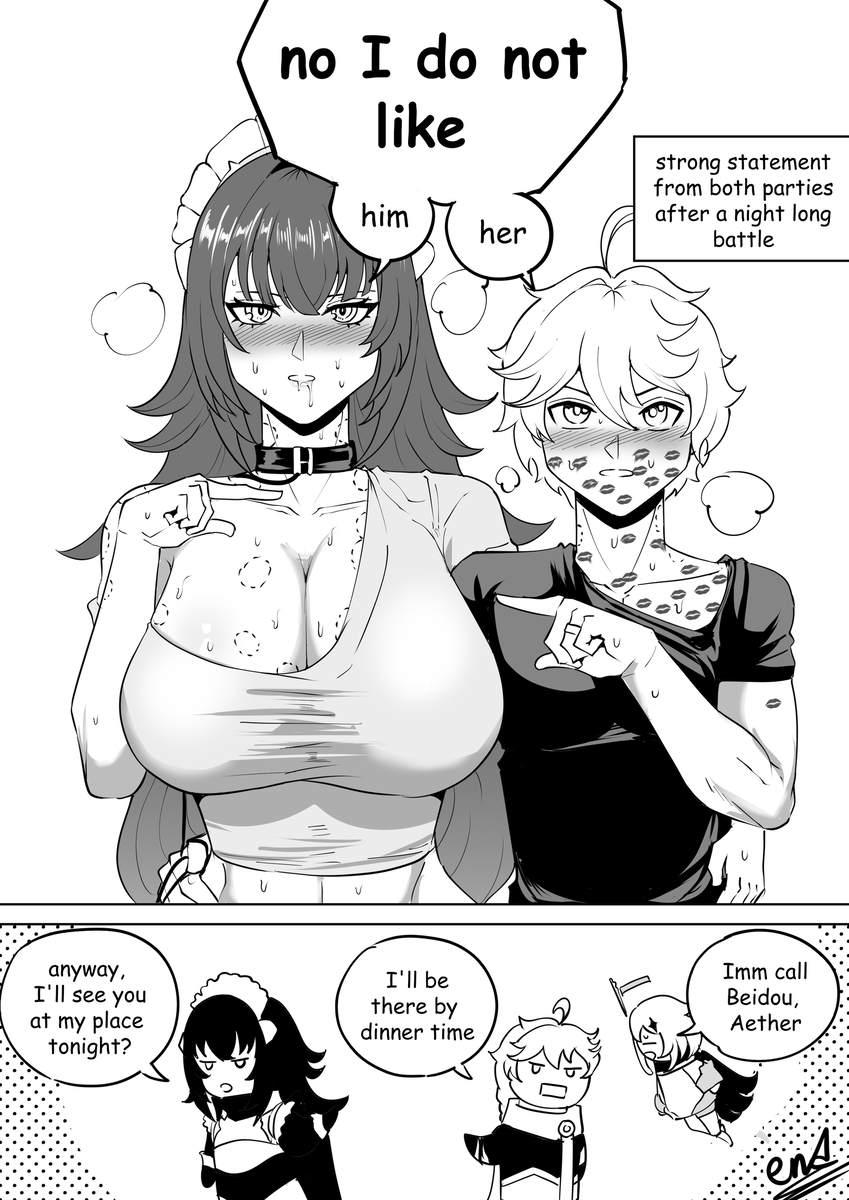 1boy, 2 panel, 2 panel comic, 2 panels, 2girls, 5 fingers, accessory, adult, adult female, aether (genshin impact), after sex, age difference, arm around another, arm around back, arm around partner, arm around waist, arm behind, arm behind another's back, arm behind back, arms, asking, asking a question, between eyes, big boobs, big breasts, bigger female, bite mark, bite mark breast, bite mark on arm, bite mark on breast, bite mark on neck, bite marks, bite marks all over, black and white, blank background, blush, blush lines, blushing, blushing at viewer, blushing face, blushing female, blushing lines, boobs, both sexes in same situation, breasts, cheating, cheating husband, cheating male, clothed, clothed female, clothed female clothed male, clothed human, clothed male, clothed male clothed female, clothes, clothing, collar, collared, danica (genshin impact), dialog, dialog balloon, dialogue, dialogue bubble, dialogue speech bubble, drawing, drool, drool on face, drooling, duo focus, english, english commentary, english dialogue, english language, english subtitles, english text, eyes, eyes open, female, female human, female with male, female/male, females, fingers, fully clothed, fully clothed female, fully clothed human, fully clothed male, genshin impact, grabbing, grabbing another's hip, grabbing another's waist, grabbing hip, grabbing waist, hair, hair accessory, hair between eyes, hair ornament, half-closed eyes, half-open eyes, hand on another's hip, hand on another's waist, hand on hip, hand on waist, hands, height difference, hip grab, holding, holding another, holding another's hip, holding another's waist, holding hip, holding waist, hoyoverse, huge boobs, huge breasts, huge tits, human, human female, human on male, kiss mark, kiss mark on arm, kiss mark on chest, kiss mark on face, kiss mark on neck, kiss marks, kiss marks all over, large boobs, large breasts, large tits, larger female, larger female smaller male, light blush, lipstick, lipstick mark, lipstick mark on arm, lipstick mark on chest, lipstick mark on face, lipstick marks, lipstick on chest, lipstick on face, long hair, long hair female, long hair male, long haired, long-hair, long-haired, long-haired female, long-haired male, looking at another, looking at partner, looking at viewer, looking back, looking back at another, looking back at partner, looking forward, maid, maid cap, maid headdress, male, male on human, male with female, male/female, married, married male, married man, massive boobs, massive breasts, massive tits, mature, mature body, mature female, mature figure, mature woman, mihoyo, monochrome, multiple females, multiple girls, multiple panels, narrowed eyes, no color, no colour, nwoidn, older female, older female and younger boy, older female and younger male, older female younger male, open eyes, ornament, paimon (genshin impact), panels, pointing, pointing at another, pointing at partner, question, question mark, ring, ring on finger, shorter male, shorter male/taller female, shoulders, size difference, smaller male, smaller male larger female, standing, sweat, sweat on body, sweat on breast, sweat on breasts, sweat on face, sweat on stomach, sweating, sweating body, sweating breasts, sweating female, sweaty, sweaty arm, sweaty body, sweaty breasts, taller, taller female, taller female shorter male, taller girl, taller woman, text, text box, text bubble, text bubbles, tits, two panel, two panel comic, two panel image, two panels, waist grab, wedding ring, white background, younger male