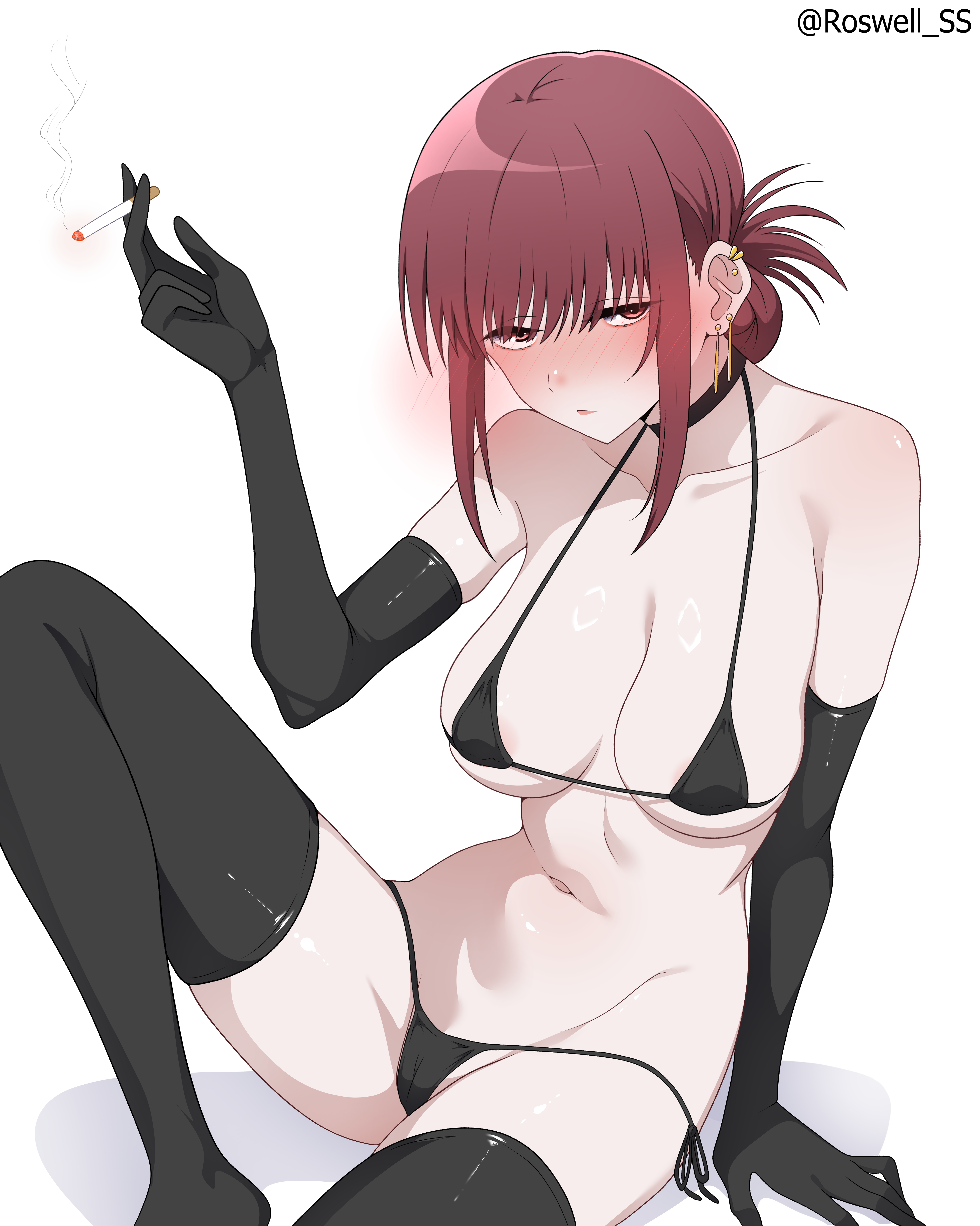 armwear, big boobs, big breasts, big tits, bikini, black bikini, boobs, breasts, cigarette, earrings, elbow gloves, legwear, navel, roswell ss, roswell-ss, simple background, smoking, smoking cigarette, super no ura de yani suu futari, tayama (super no ura de yani suu futari), thick thighs, thighhighs, thighs, tits, white background
