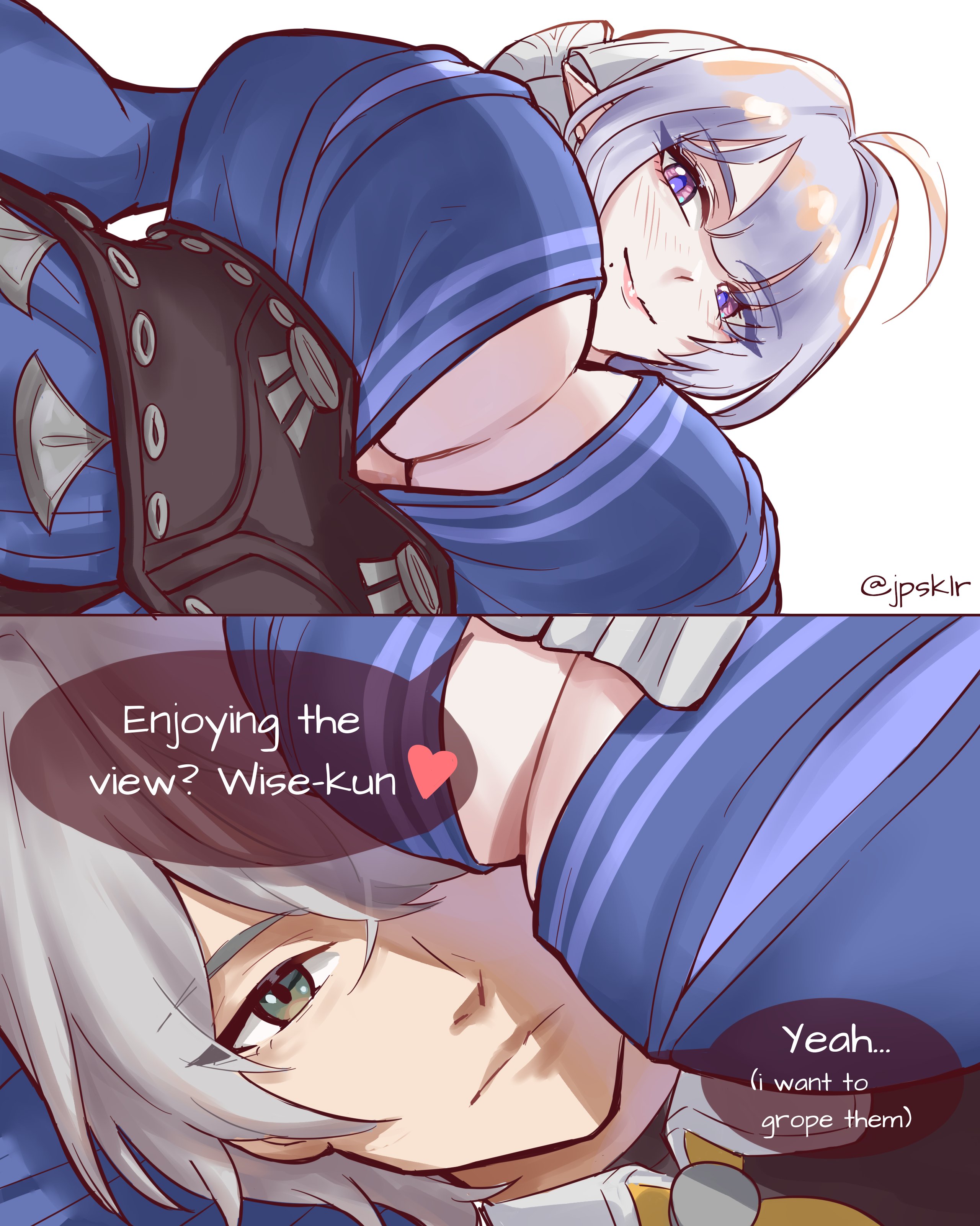 1boy, 1girls, 2026, 2koma, artist request, big breasts, breast shadow, cleavage, clothed, clothing, dialogue, frieren lap pillow (meme), grey hair, hoyoverse, huge breasts, humor, lap pillow, large breasts, light skin, light-skinned male, looking at viewer, male pov, official alternate costume, pale skin, pale-skinned female, pov, purple eyes, scene reference, sousou no frieren, tagme, velina airgid, white hair, wise (oath of skies) (zenless zone zero), wise (zenless zone zero), zenless zone zero
