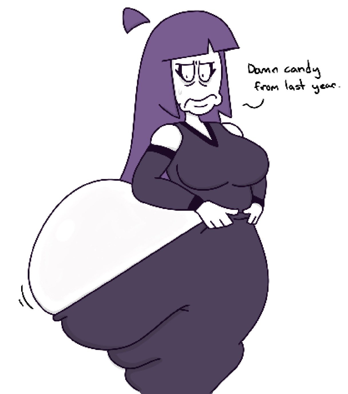 ass, barely fits, big ass, bottomwear, bottomwear halfway down, dialogue, female, huge ass, large ass, lila (spooky month), milf, purple clothing, purple hair, sensual, sexy, solo, spooky month, struggling to fit, text, theslashfive, white skin