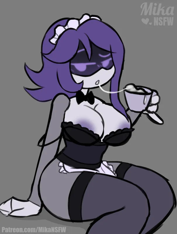 1girls, boobs, breasts out, cum drinking, cum in cup, drinking cum, female, female focus, female only, mikansfw, murder drones, nori (murder drones), purple eyes, purple hair, robot, robot girl, robot humanoid, seductive look, sexy female, solo, solo female, solo focus