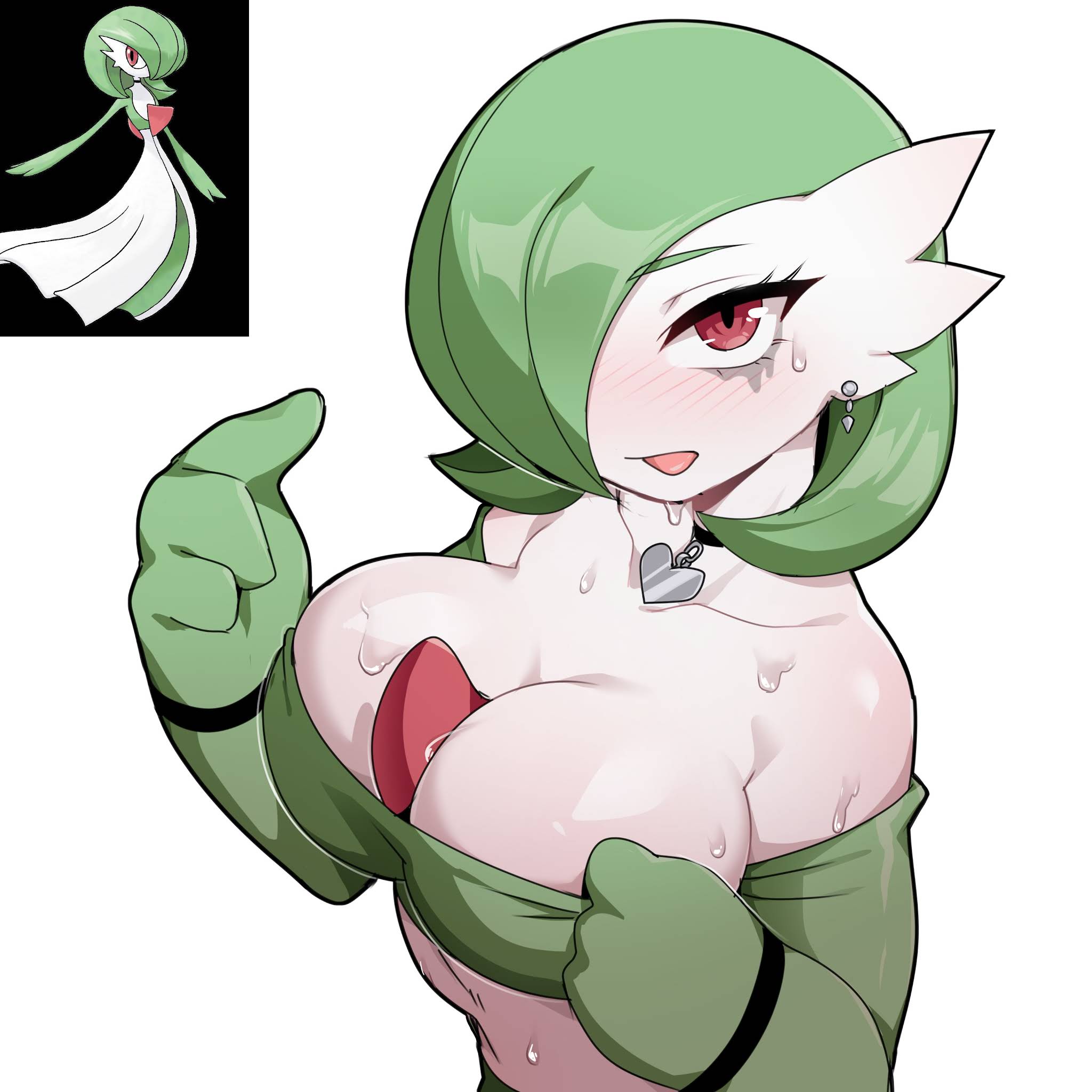 1girls, ariel lopez, bare shoulders, big breasts, breast focus, breasts, breasts focus, busty, choker, cleavage, clothing, earrings, emo, female, female only, gardevoir, green clothing, green hair, hair over one eye, humanoid, large breasts, looking at viewer, midriff, nintendo, one eye obstructed, piercing, pokémon (species), pokemon, pokemon (species), red eyes, request, solo, solo female, sweat, top pull, top pulled down