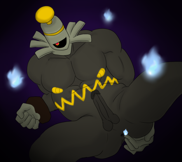 anthro black_skin buffurun dusknoir erection male male_only nipples penis pokemon solo spread_legs tagme testicles yellow_nipples