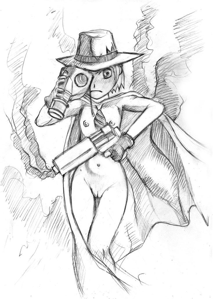 dc female female_only front_view gas_mask gun handgun hat monochrome open_clothes pistol pussy rtk rule_63 sketch smoke solo the_sandman vertigo_comics weapon