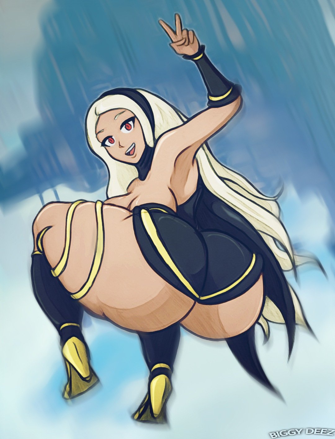 1girls, ass, ass focus, biggy deez, blonde hair, crouching, deezysempai, female, gravity rush, high heels, huge ass, kat (gravity rush), looking back, solo, squatting, v