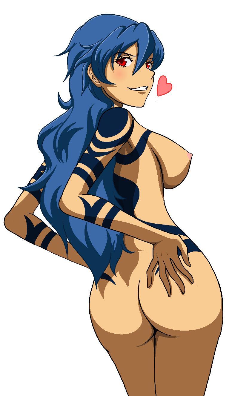 ass back_view beige_skin blue_hair breasts color female female_only hair hand_on_ass heart human kamina long_hair looking_at_viewer looking_back nude open_eyes red_eyes round_ears rule_63 sideboob smile solo soulllmyr standing tattoo tengen_toppa_gurren_lagann transparent_background