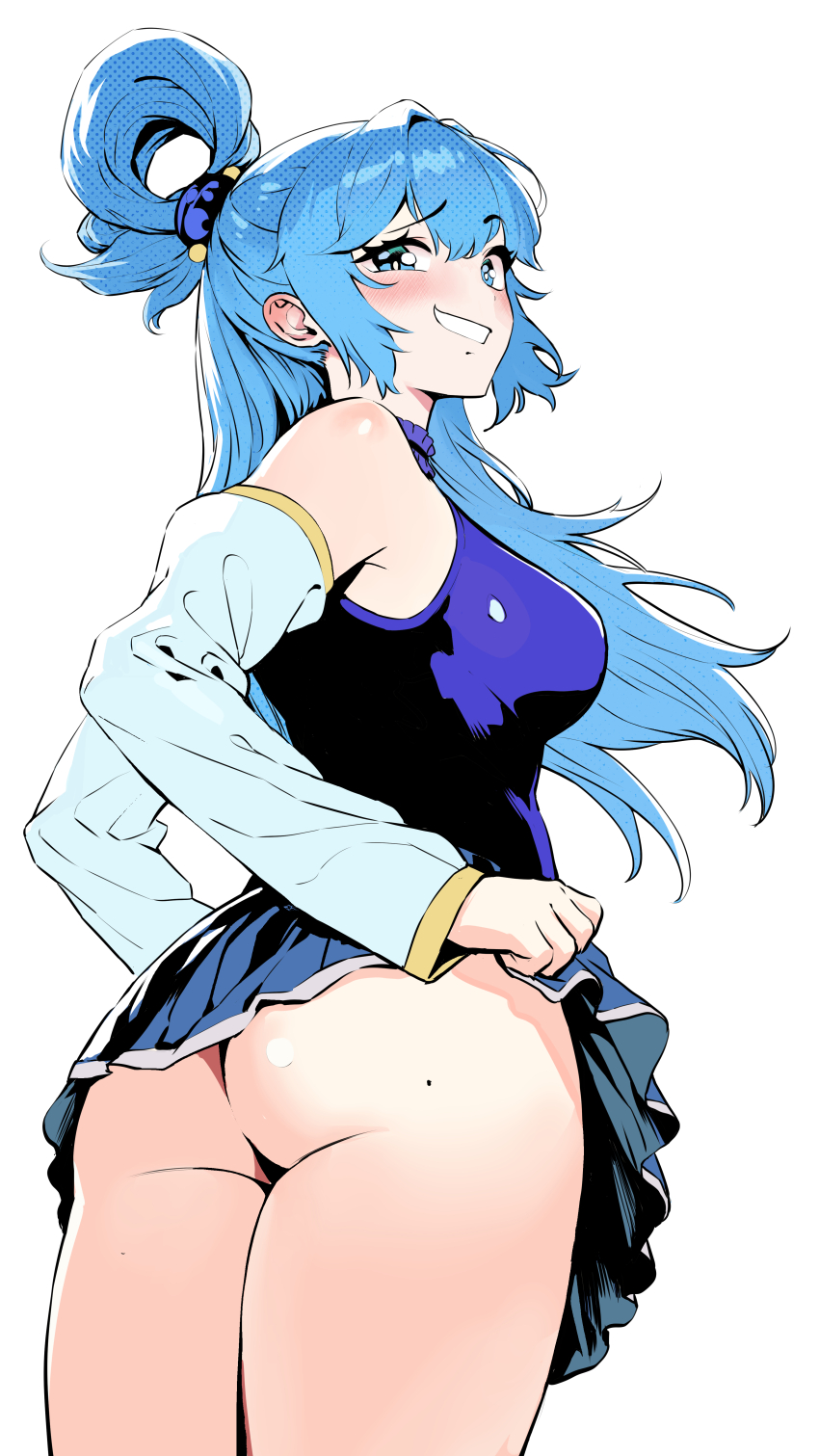 absurdres aqua_(konosuba) ass bare_shoulders blue_dress blue_eyes blue_hair blue_shirt blue_skirt blush breasts clothes_lift detached_sleeves dress ear_blush female gluteal_fold hair_ornament hair_rings highres kono_subarashii_sekai_ni_shukufuku_wo! light_blush long_hair looking_at_viewer medium_breasts mr_tangsuyuk naughty_face no_panties shirt simple_background single_hair_ring skirt skirt_lift sleeveless sleeveless_shirt smile smiley_face solo white_sleeves