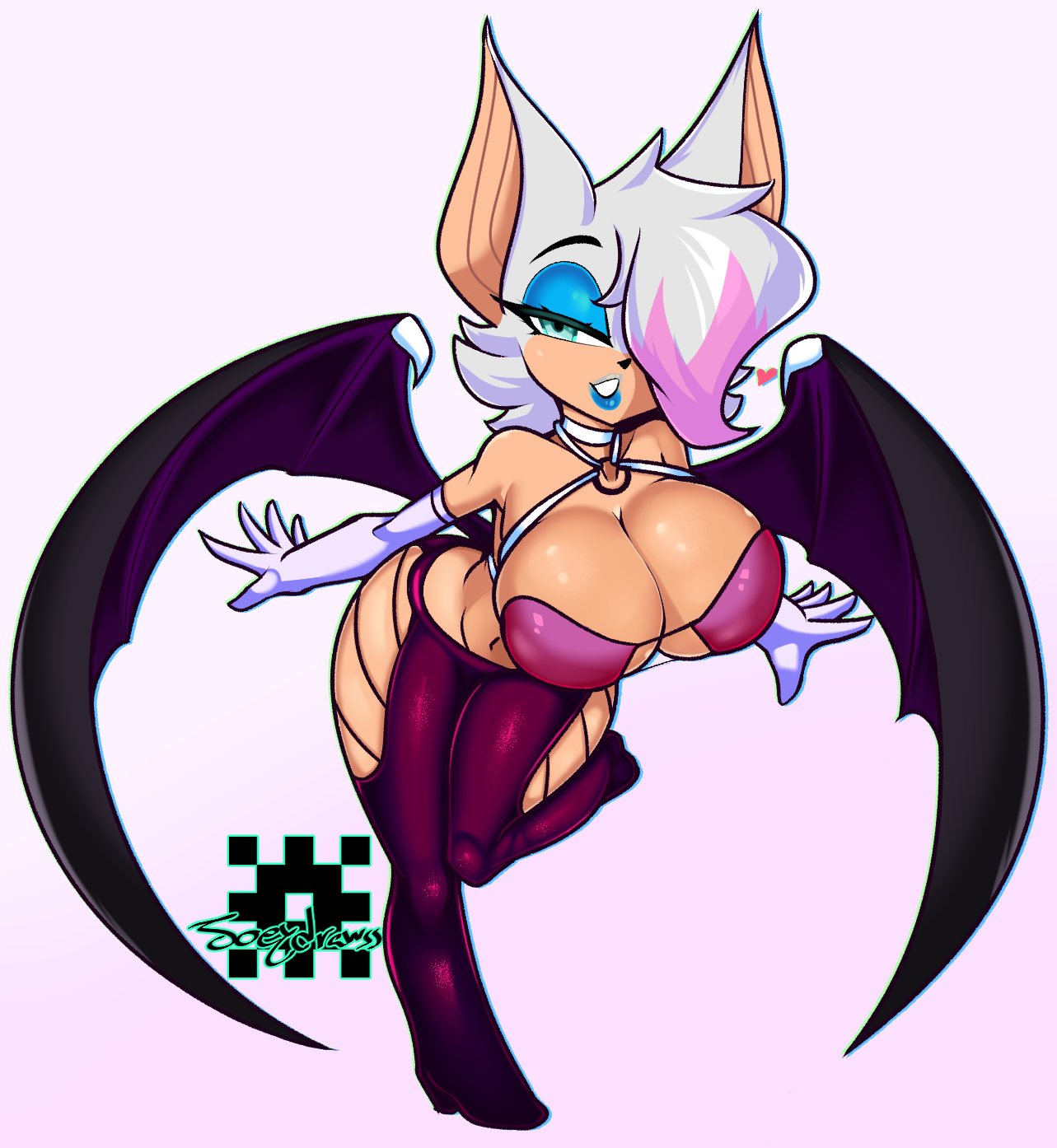 1girls aqua_eyes bat_ears bat_wings bent_leg bent_over blue_lipstick breasts cleavage eyeshadow female female_only hair_over_one_eye hi_res joeydrawss leg_up looking_at_viewer makeup narrowed_eyes o-ring pink_highlights rouge_the_bat sega solo solo_female sonic_(series) sonic_the_hedgehog_(series) standing_on_one_leg voluptuous white_background white_hair wings