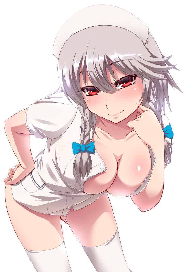 1girls, braided hair, breasts, cleavage, female, grey hair, hayashi custom, large breasts, red eyes, sakuya izayoi, simple background, solo, thighhighs, touhou, transparent background