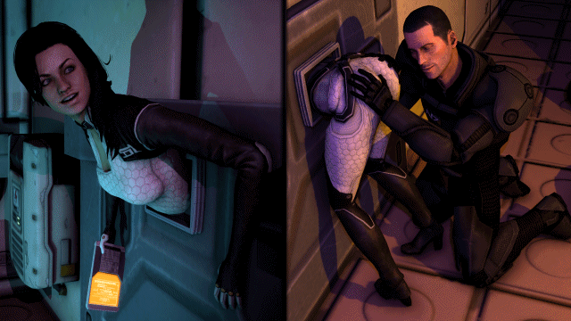 3d, animated, ass, ass grab, commander shepard, female, lej, mass effect, miranda lawson, rubbing, skin tight, source filmmaker, stuck, stuck in wall