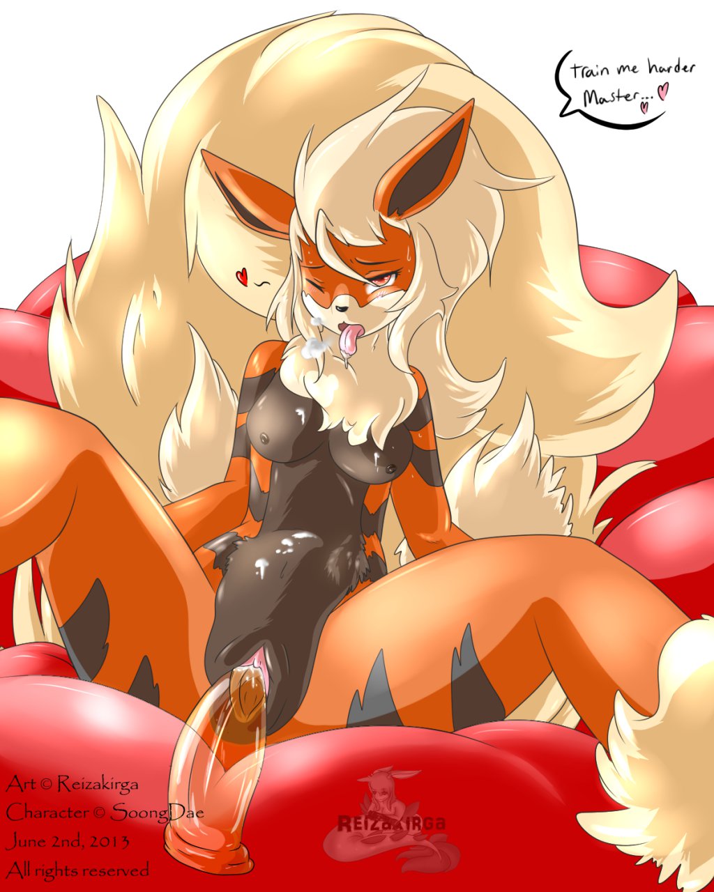 anthro arcanine beige_hair black_fur breasts female female_only front_view fur furry_ears generation_1_pokemon hair long_ears long_hair nintendo orange_fur pokémon_(species) pokemon pokemon_(species) reizakirga sitting solo spread_legs stripes tagme