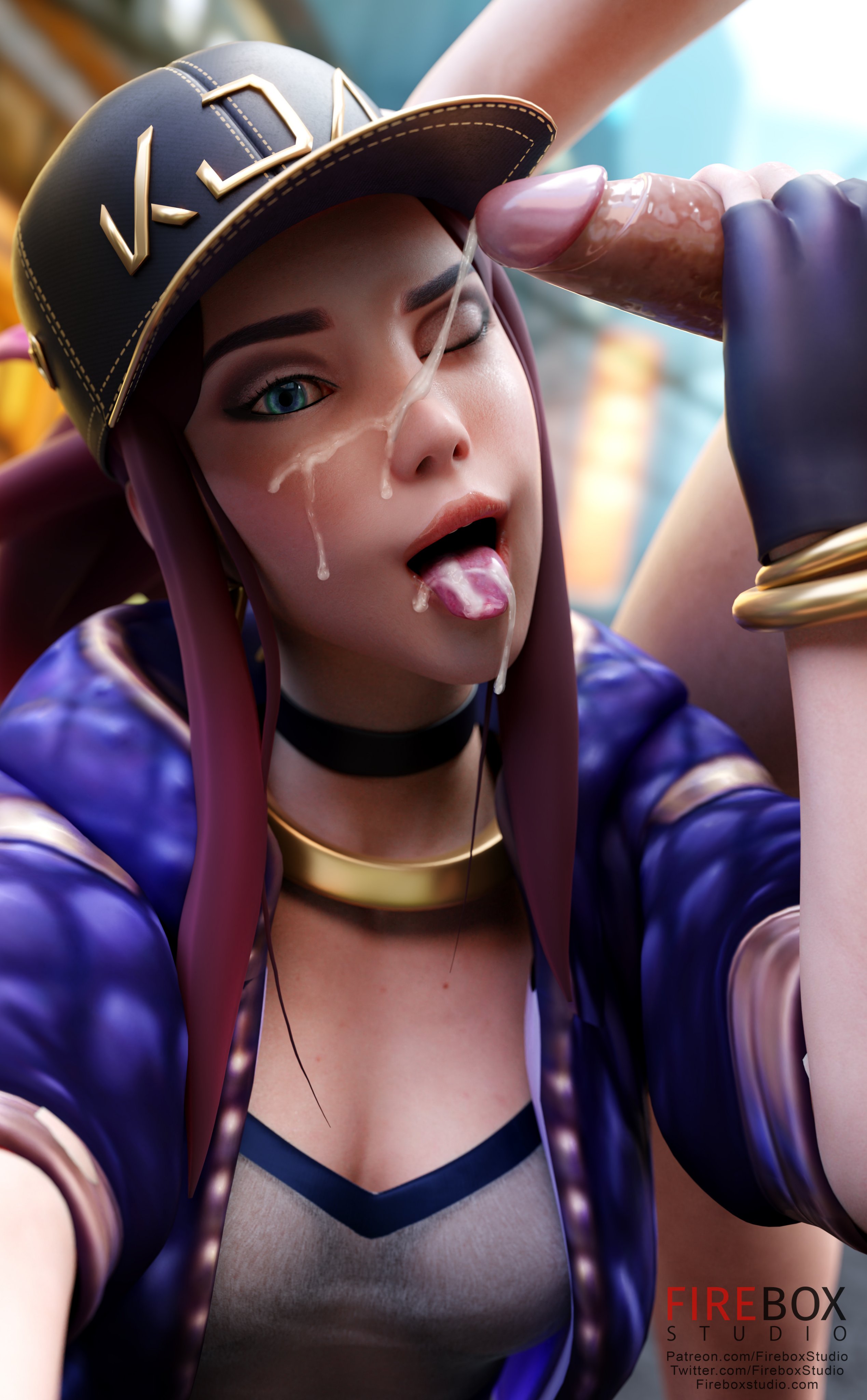 1boy, 1girls, 3d, akali, blender, cum, cum on face, cum on tongue, erection, facial, female, fireboxstudio, handjob, horny, k/da akali, k/da series, league of legends, looking at viewer, male, open mouth, penis, pose, solo focus, straight, strapless, strapless top, strapless topwear, tongue, tongue out, tubetop, unseen male face