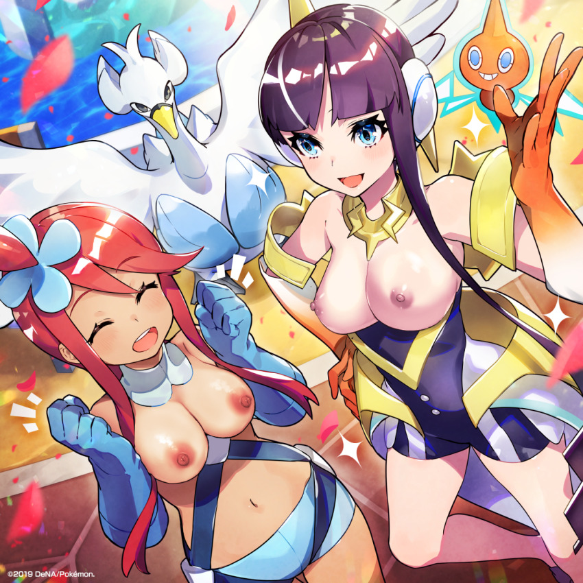 2girls asymmetrical_hair bare_shoulders black_hair blue_eyes breasts closed_eyes creatures_(company) elbow_gloves elesa_(pokemon) eyebrows_visible_through_hair game_freak gloves gradient_gloves gym_leader hair_bun hair_ornament headphones highres large_breasts midriff mika_pikazo multiple_girls navel nintendo nipples no_eyewear official_art open_mouth orange_gloves petals pokémon_(species) pokemon pokemon_(game) pokemon_bw pokemon_masters pokemon_masters_ex red_hair rotom rotom_(normal) short_shorts shorts sidelocks skyla_(pokemon) swanna sygna_suit_elesa third-party_edit