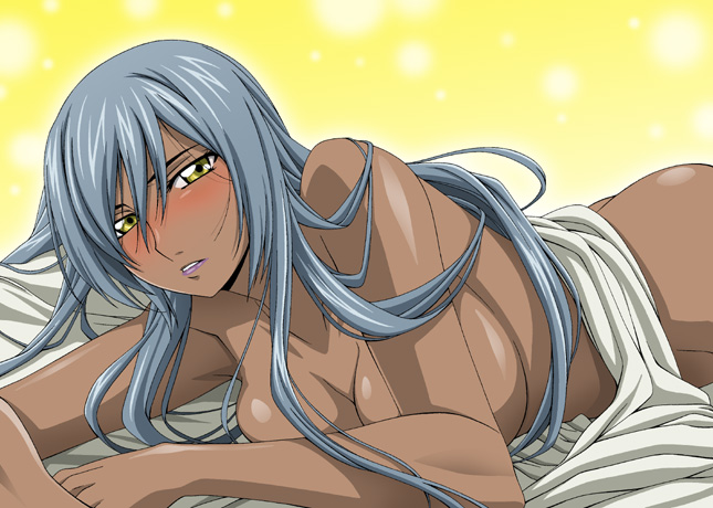 1girls bb blush breasts code_geass dark_skin female huge_breasts isse lakuen large_breasts long_hair nude silver_hair solo villetta_nu yellow_eyes