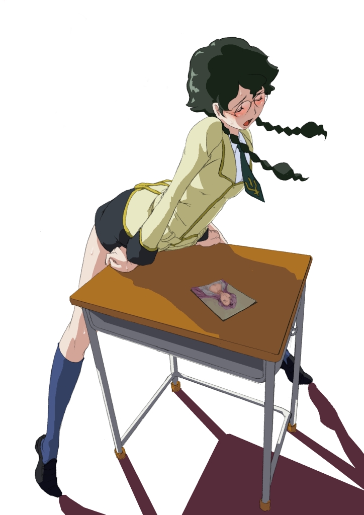 1girls black_hair blush braid canonical_sex closed_eyes clothed_masturbation clothing code_geass crotch_rub desk euphemia_li_britannia female female_only footwear glasses masturbation nina_einstein open_mouth photo_(object) picture school_uniform serafuku skirt socks solo sweat table table_humping twin_braids yuri