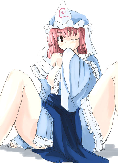 1girls breast_slip breasts female hat nipples seo_tatsuya solo spread_legs touhou triangular_headpiece yuyuko_saigyouji