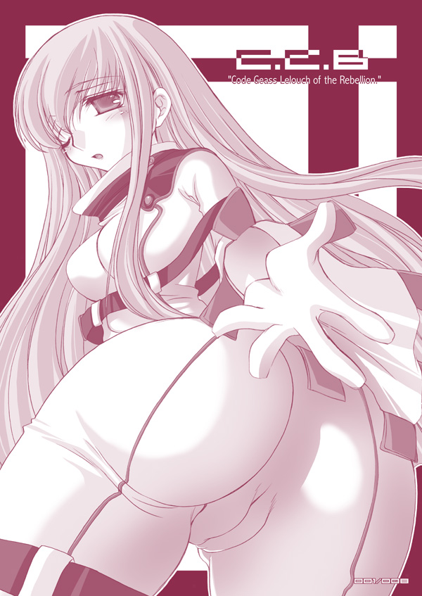 ass ayano_naoto c.c. cameltoe code_geass long_hair monochrome pink solo straitjacket wink