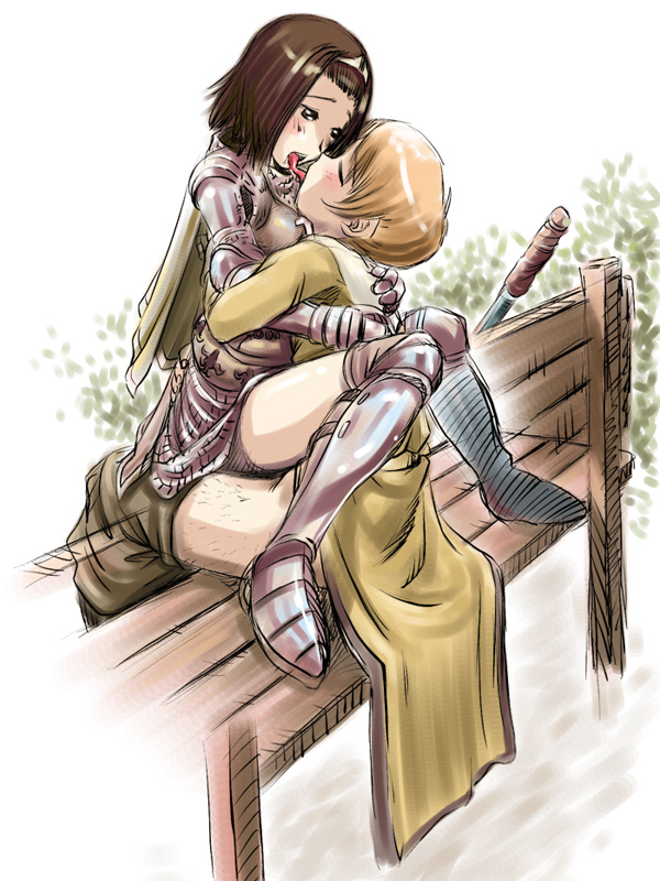 1boy acolyte acolyte_(ragnarok_online) armor bench brown_eyes brown_hair clothed_sex female kissing knight knight_(ragnarok_online) male outdoors outside public ragnarok_online sex straddle straight weapon