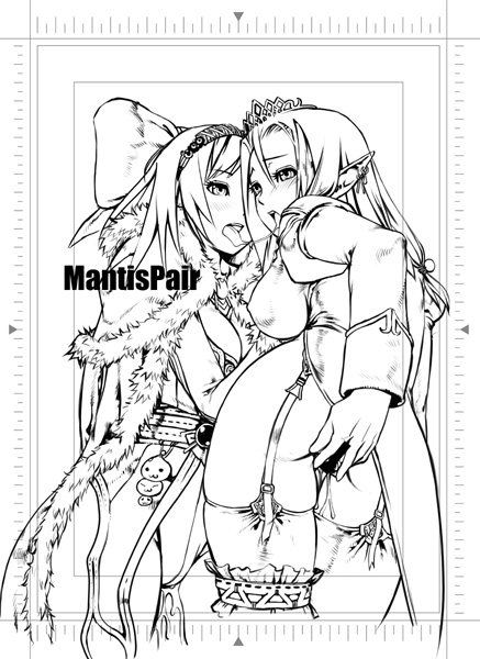 2girls ass breasts censored female fingering garter_straps kanda_(ura-kanda) kissing monochrome multiple_girls priest ragnarok_online saliva saliva_trail urakanda wizard yuri