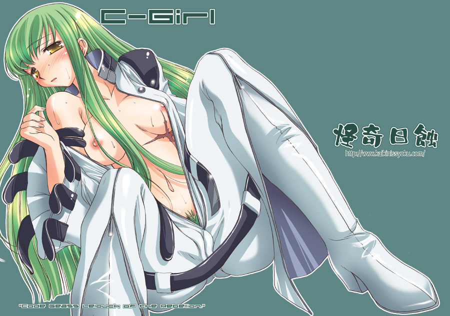 1girls ayano_naoto belt boots breasts c.c. code_geass female green_hair long_hair pubic_hair scar solo straitjacket thigh_boots thighhighs zipper