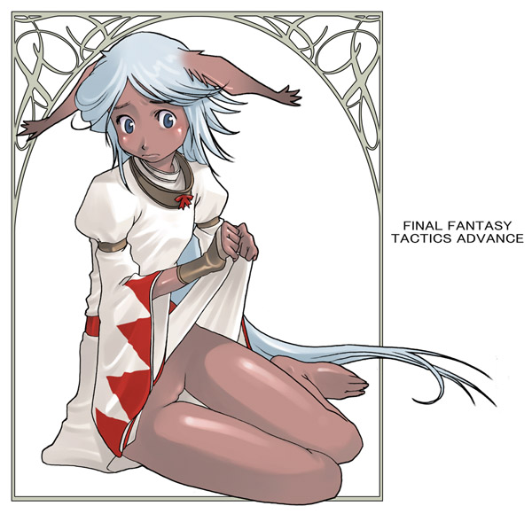 animal_ears barefoot blue_eyes blush bunny_ears dark-skinned_female dark_skin dress dress_lift female female_only final_fantasy final_fantasy_tactics_advance g-room_honten humanoid long_hair no_panties silver_hair solo viera white_mage