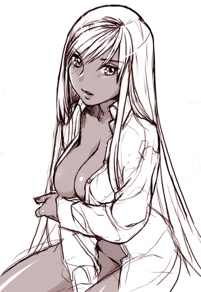 breast_squeeze breasts code_geass dark_skin lakuen monochrome nekomata_naomi open_clothes open_shirt shirt sketch villetta_nu