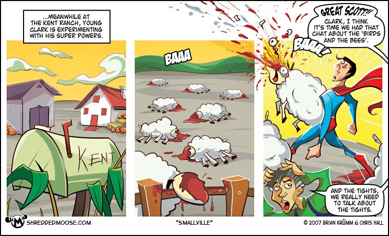 2007 animal animal_abuse bestiality blood clark_kent dc_comics dead_animal death dialogue english_text explosion farm gore guro parody parody_comic sheep superman superman_(series) zoophilia