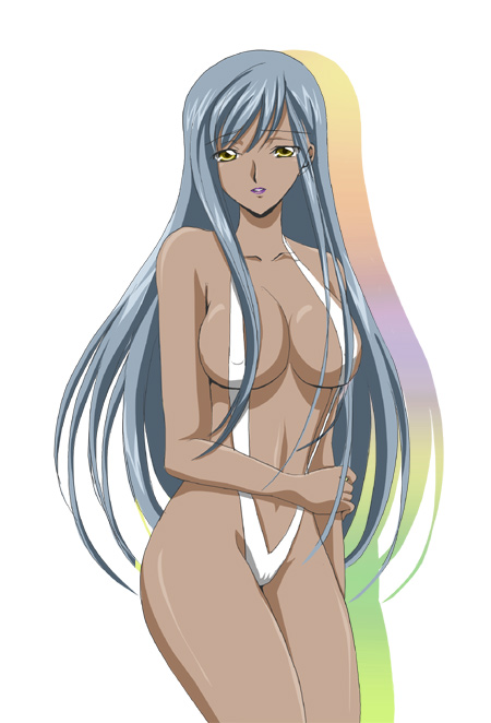 breasts code_geass dark_skin pointy_chin silver_hair sinko sling_bikini swimsuit villetta_nu villetta_nu_(amnesia) yellow_eyes