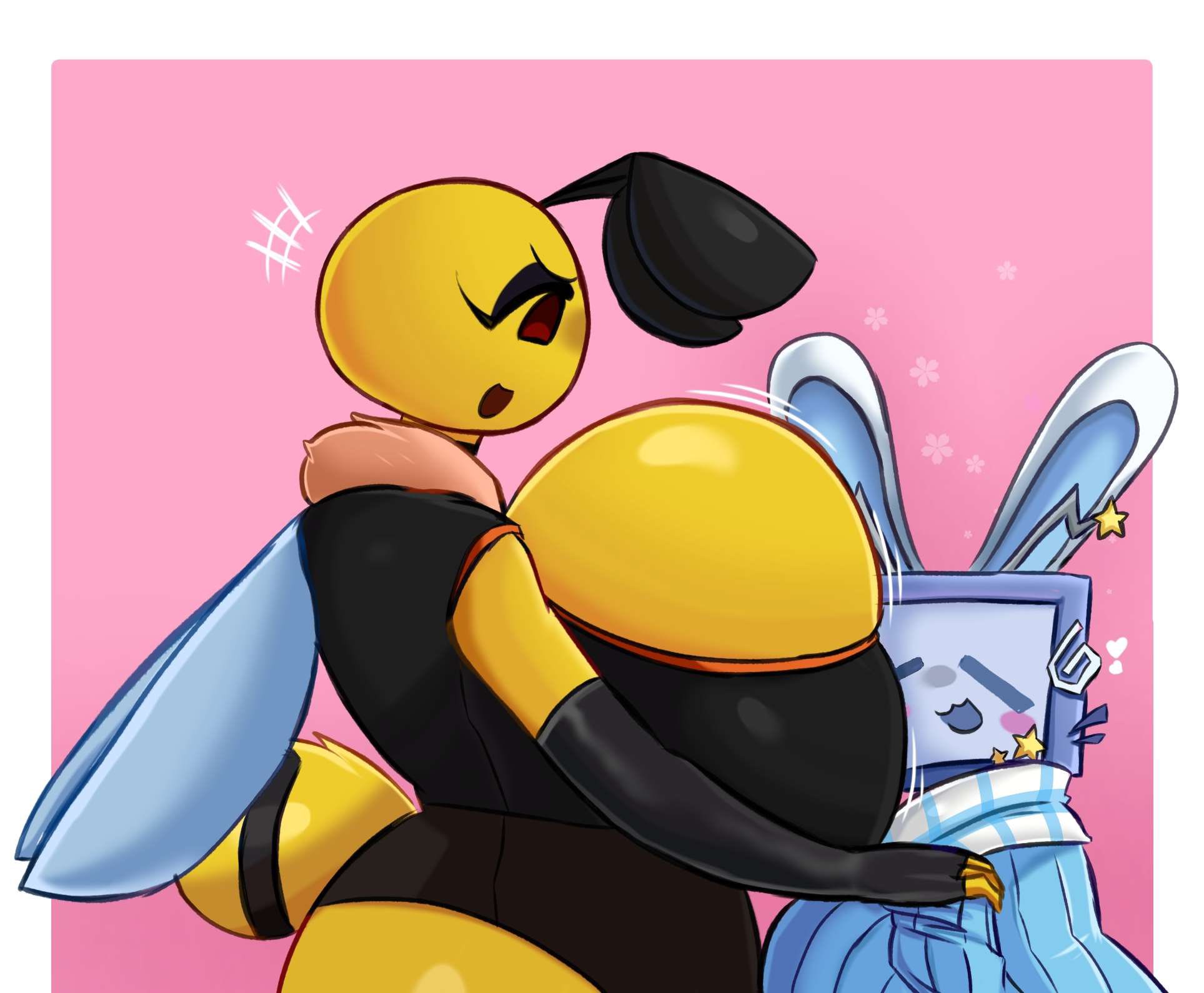 2girls, amber the bee (golden toad), bee, bee antennae, bee girl, bee wings, big breasts, boobs, breasts, bunny ears, golden toad, silvy (silvythetvbunny)