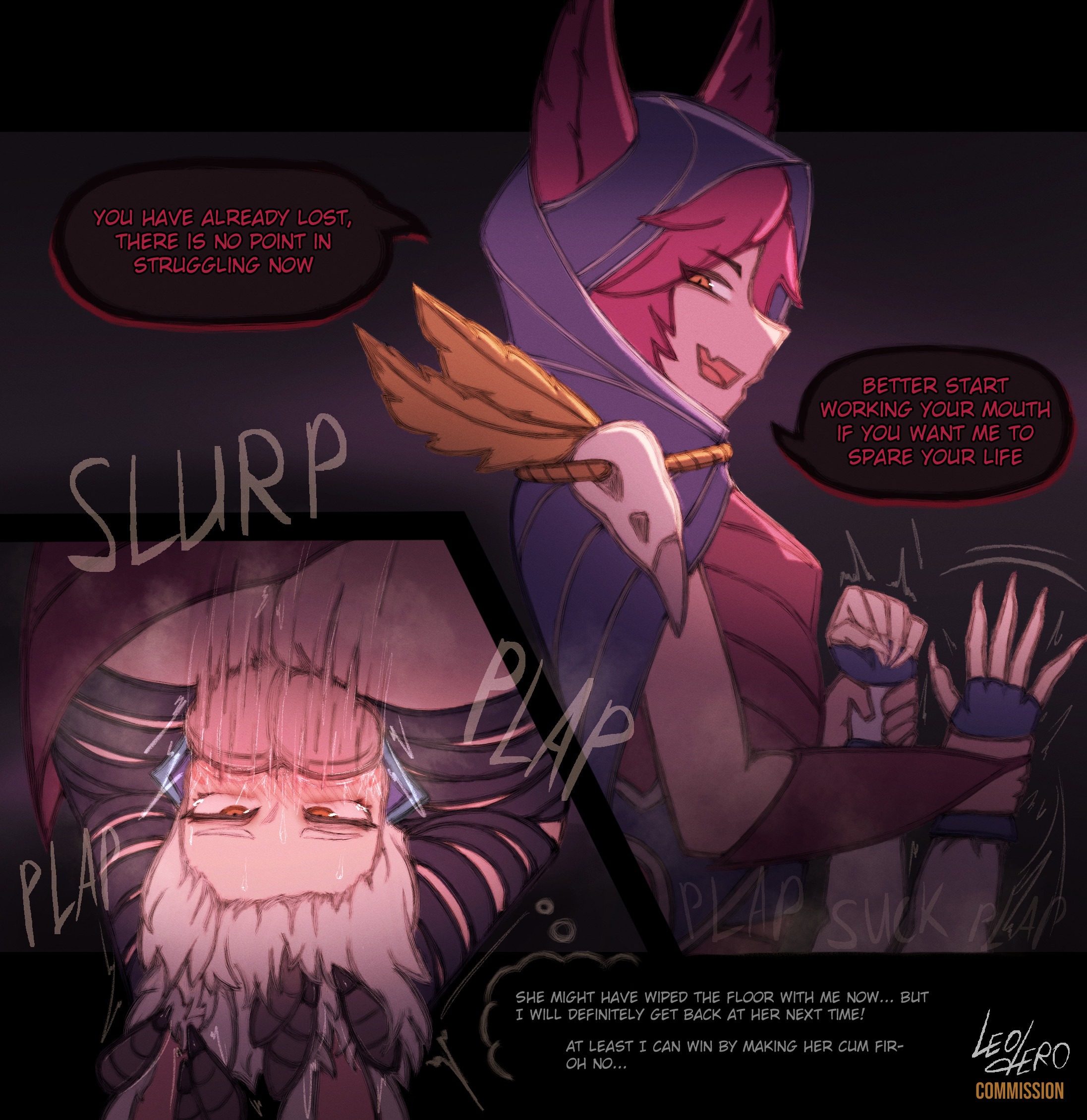 balls on face, big ears, closeup view, clothed female, clothed futa, deepthroat facesitting, english text, facesitting, fellatio, female, fingerless gloves, futa on female, futanari, kitsune, league of legends, leg wraps, leoderorero, lulu the lewd, red hair, skull, talons, text, vastaya, white hair, xayah
