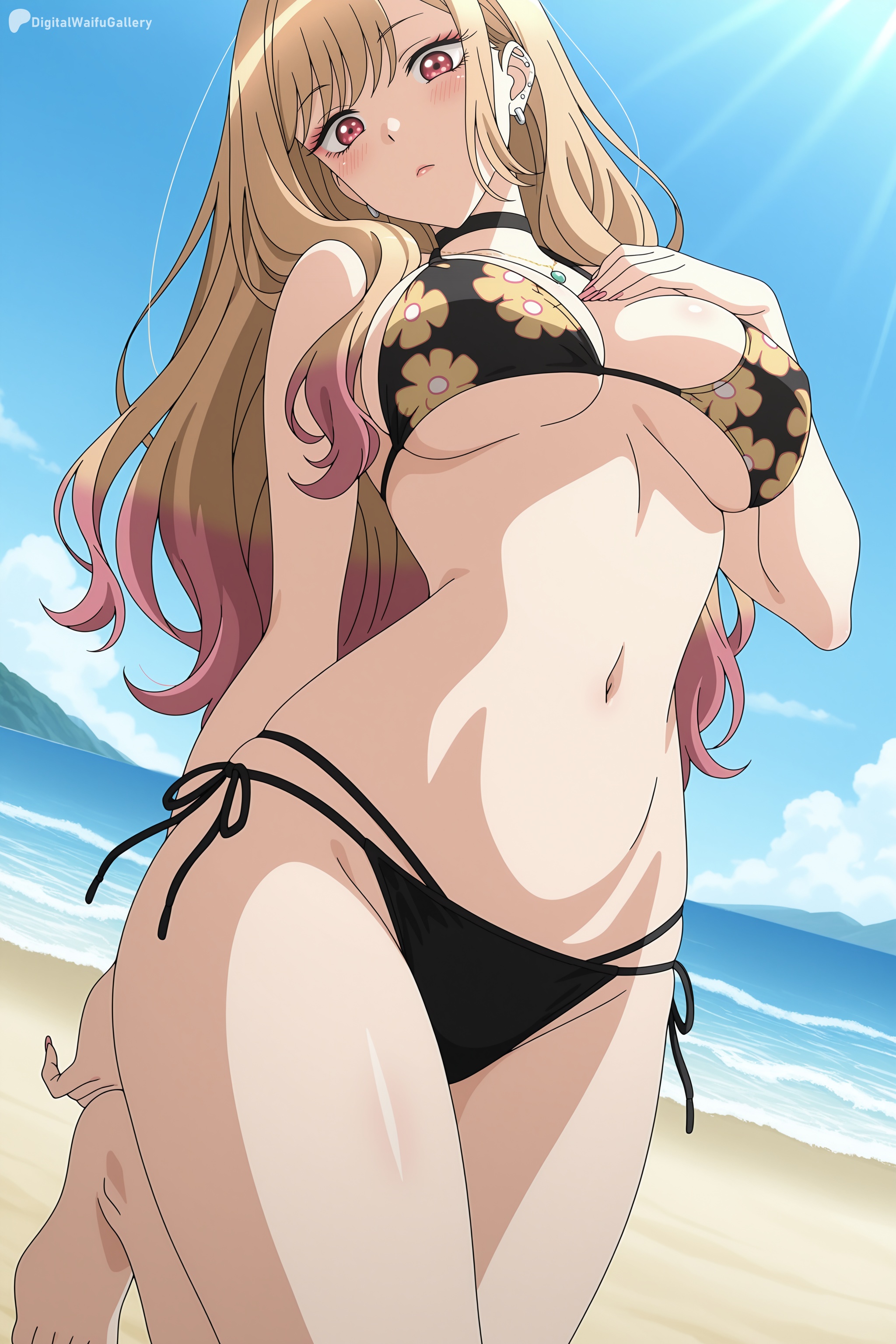 1girl, ai generated, barefoot, beach, bikini, black bikini, black choker, blonde hair, blue sky, blush, breasts, choker, closed mouth, cloud, day, digitalwaifugallery, ear piercing, earrings, floral print, gradient hair, hand on own chest, hi res, high quality, high resolution, jewelry, kitagawa marin, large breasts, long hair, looking at viewer, multicolored hair, navel, necklace, ocean, outdoors, patreon, piercing, pink hair, print bikini, red eyes, seductive, sexy, side-tie bikini bottom, sky, solo, sono bisque doll wa koi wo suru, standing, stomach, string bikini, swimsuit, thighs, uncensored, watermark