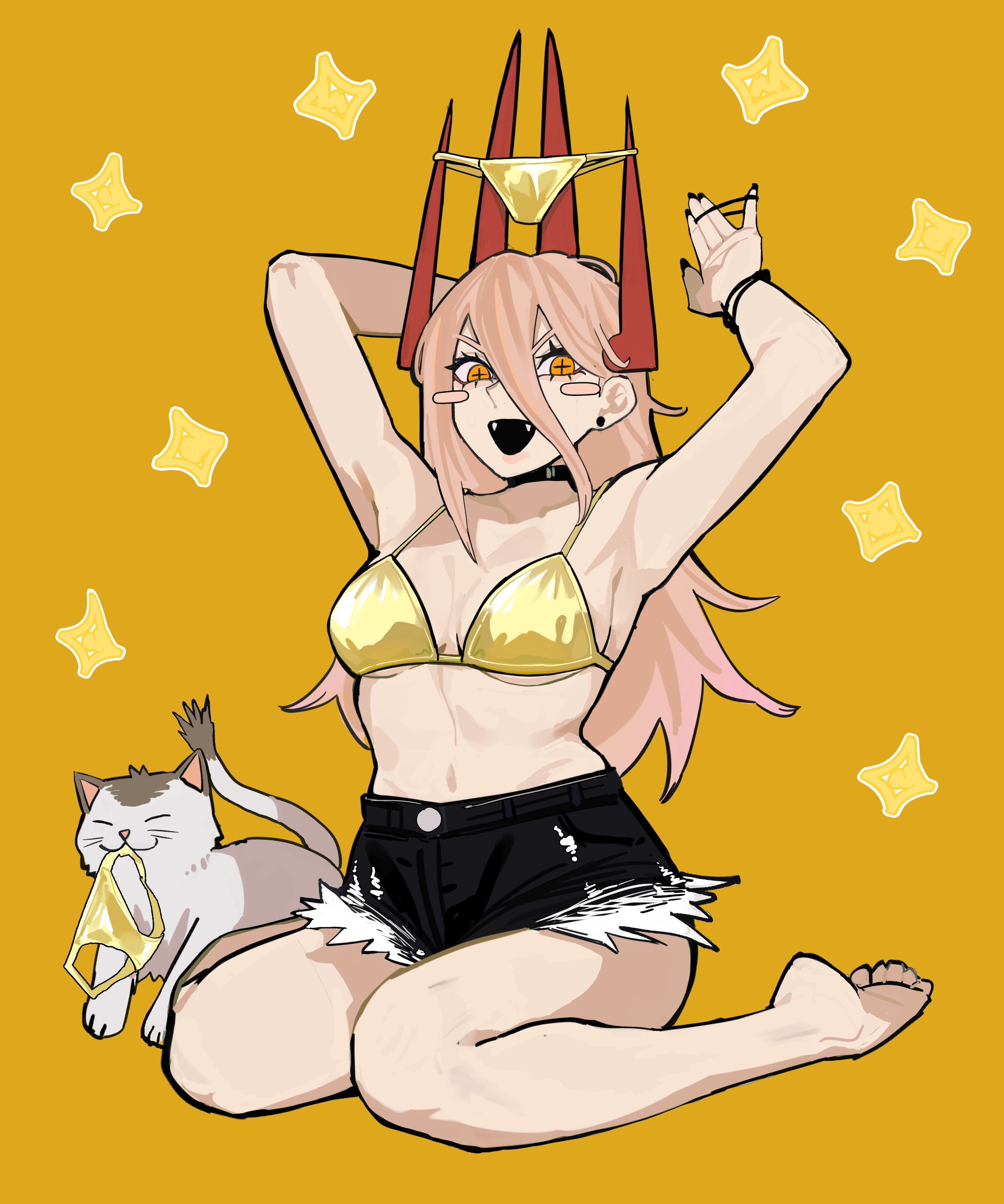 1girls, 2d, 2d (artwork), 2d artwork, anime, anime character, ankles, arm behind head, armpit, armpit crease, armpit peek, armpits, average breasts, background, bare armpits, bare arms, bare belly, bare calves, bare chest, bare hands, bare knees, bare legs, bare midriff, bare shoulders, bare skin, bare soles, bare thighs, bare toes, barefoot, belly, bikini, bikini bottom, bikini top, black choker, black fingernails, black nail polish, black nails, black shorts, blonde, blonde female, blonde hair, blonde hair female, blonde-haired female, breasts, calves, chainsaw man, choker, collarbone, crosshair pupils, demon, devil, digital, digital art, digital drawing, digital drawing (artwork), digital media, digital media (artwork), drawing, elbows, exposed armpits, exposed arms, exposed belly, exposed chest, exposed legs, exposed midriff, exposed shoulders, exposed skin, exposed thighs, exposed toes, fanart, feet, female, female focus, female only, fingernails, fingers, fit female, full body, gold bikini, gold bikini bottom, gold bikini top, gold swimsuit, gold swimwear, golden week, golden week bikini, groin, hair between eyes, hairless armpits, halterneck, hand behind head, horn, horns, inframammary fold, knees, lean figure, legs, legs folded, linea alba, long hair, long horns, looking at viewer, mappa, medium breasts, midriff, monotone background, nail polish, nails, narrow waist, no shoes, one color background, open mouth, open mouth smile, parted lips, plain background, portrait, power (chainsaw man), presenting armpit, red horn, red horns, sailen0, seiza, shaved armpits, shonen jump, shorts, shoulders, shueisha, sitting, sitting on ass, sitting on floor, sitting on ground, sitting on knees, sitting on leg, slender body, slender waist, slim female, slim waist, smile, smiley face, smiling, smiling at viewer, soles, solid color background, solo, stomach, string bikini, swimsuit, swimwear, thick thighs, thighs, toes, tongue, upper teeth, wariza, weekly shonen jump, wide hips, yellow background, yellow eyes, yellow-eyed female