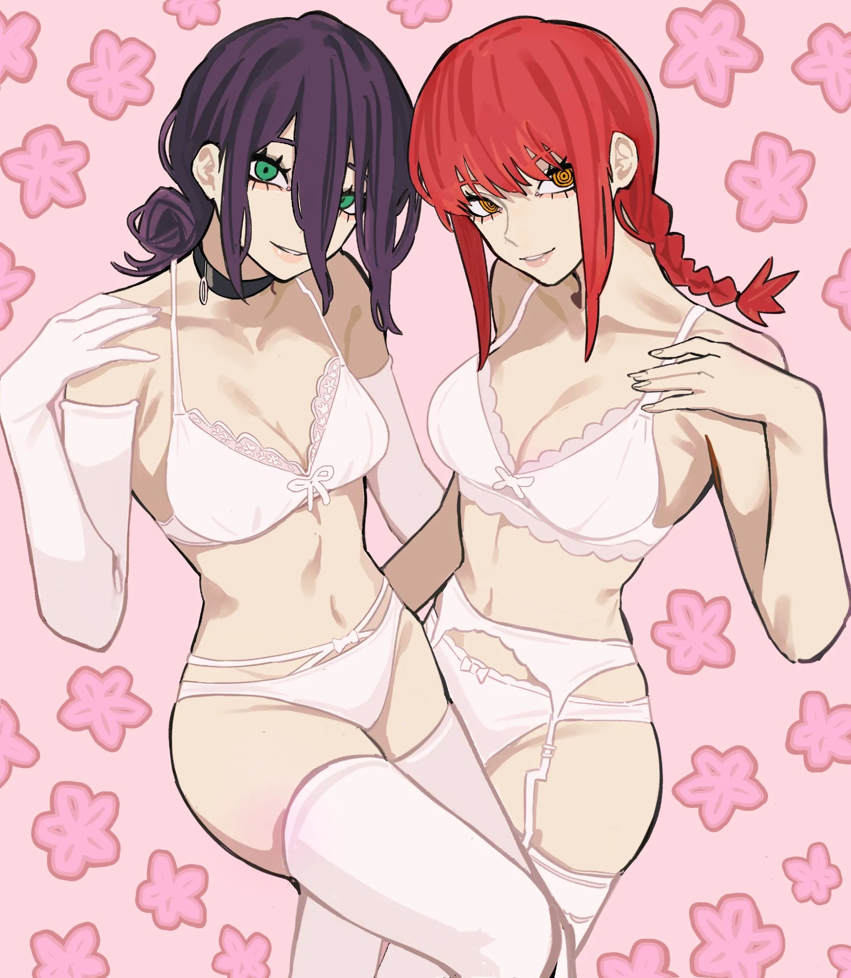 2d, 2d (artwork), 2d artwork, 2girls, adult, adult female, anime, anime character, average breasts, background, bare armpits, bare arms, bare chest, bare hands, bare hips, bare midriff, bare shoulders, bare skin, belly, belly button, big boobs, big breasts, black choker, black hair, black-haired female, bra, braid, braided hair, braided ponytail, breasts, busty, busty female, busty girl, chainsaw man, choker, cleavage, collarbone, curvaceous, curvaceous body, curvaceous female, curvaceous figure, curvaceous hips, curvaceous teenager, curvy, curvy body, curvy female, curvy figure, curvy hips, curvy teen, digital, digital art, digital drawing, digital drawing (artwork), digital media, digital media (artwork), drawing, duo, elbow gloves, elbows, european, european female, european girl, exposed, exposed armpits, exposed arms, exposed chest, exposed hips, exposed midriff, exposed shoulders, exposed skin, fanart, female, female focus, female only, fingernails, fingers, fit female, frilled bra, frilled underwear, from front, front view, garter belt, garter straps, gloves, green eyes, green-eyed female, groin, hair between eyes, half naked, half nude, head tilt, hourglass figure, inguinal crease, inguinal ligament, knees, large boobs, large breasts, lean figure, legwear, linea alba, lingerie, long gloves, long hair, looking at viewer, makima (chainsaw man), mappa, matching underwear, mature, mature female, mature woman, medium breasts, midriff, monotone background, multiple females, multiple girls, naked, naked female, naked woman, narrow waist, navel, nude, nude female, nudity, one color background, panties, parted lips, partially undressed, pattern background, pink background, plain background, ponytail, posing, posing for the viewer, posing naked, posing nude, red hair, red-haired female, reze (chainsaw man), ribbon bra, ribbon panties, ring eyes, ringed eyes, russian, russian female, russian girl, sailen0, semi nude, shonen jump, shoulders, shueisha, sidelocks, skindentation, slender body, slender waist, slim female, slim waist, smile, smiley face, smiling, smiling at viewer, solid color background, standing, stockings, stomach, thigh highs, thighhighs, thighs, tilted head, top view, undefined, underwear, underwear only, upper body, voluptuous, voluptuous teenager, weekly shonen jump, white bra, white elbow gloves, white garter belt, white garter straps, white gloves, white legwear, white long gloves, white panties, white stockings, white thigh highs, white thighhighs, white underwear, wide hips, woman, yellow eyes, yellow-eyed female