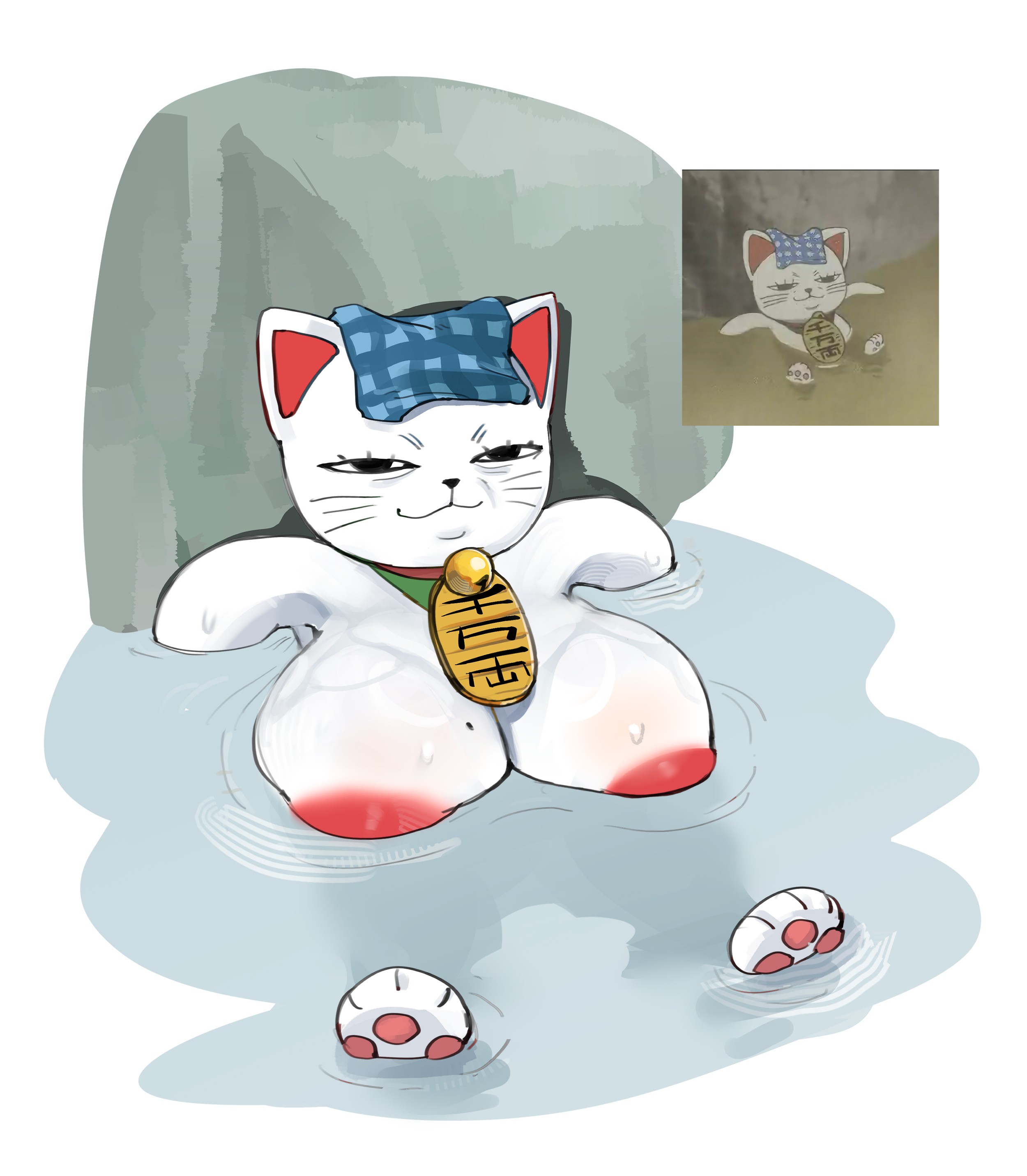 :3, 1girls, animal ears, animal feet, animal hands, anthro, bath, bathing, bell, black eyes, body fur, breasts, cat, cat ears, cat girl, closed mouth, collar, completely nude, dandadan, female, furry, furry female, half-closed eyes, happy, huge breasts, inverted nipples, jingle bell, large areolae, large breasts, looking at viewer, maneki-neko, mole, mole on breast, neck bell, nipples, nude, onsen, partially submerged, pawpads, personification, photo inset, reference inset, rock, simple background, smile, smug, solo, towel, towel on head, turbo granny (dandadan), water, wet, whiskers, white background, white fur