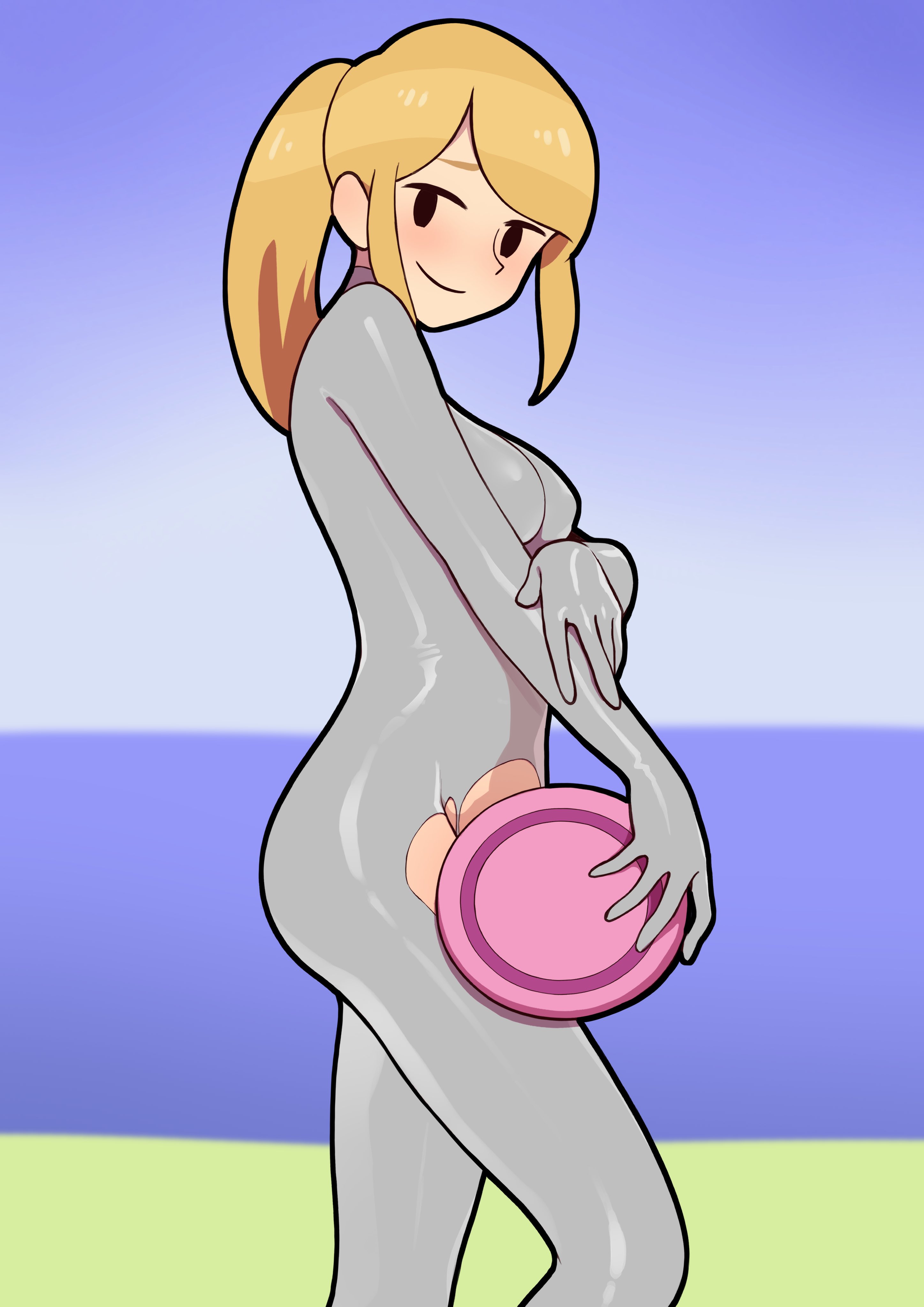 1girl, 1girls, black eyes, blonde hair, blush, bodysuit, breasts, closed mouth, covering crotch, covering privates, crotch cutout, crotchless, feet out of frame, female, from side, grey bodysuit, hand on own arm, helmet, holding, holding own arm, latex, long hair, looking at viewer, medium breasts, mole, outdoors, ponytail, rhythm heaven, rhythm heaven groove, shiny clothes, sidelocks, sister silver, skin tight, smile, solo, standing, torn bodysuit, torn clothes, unworn headwear, unworn helmet, zero suit