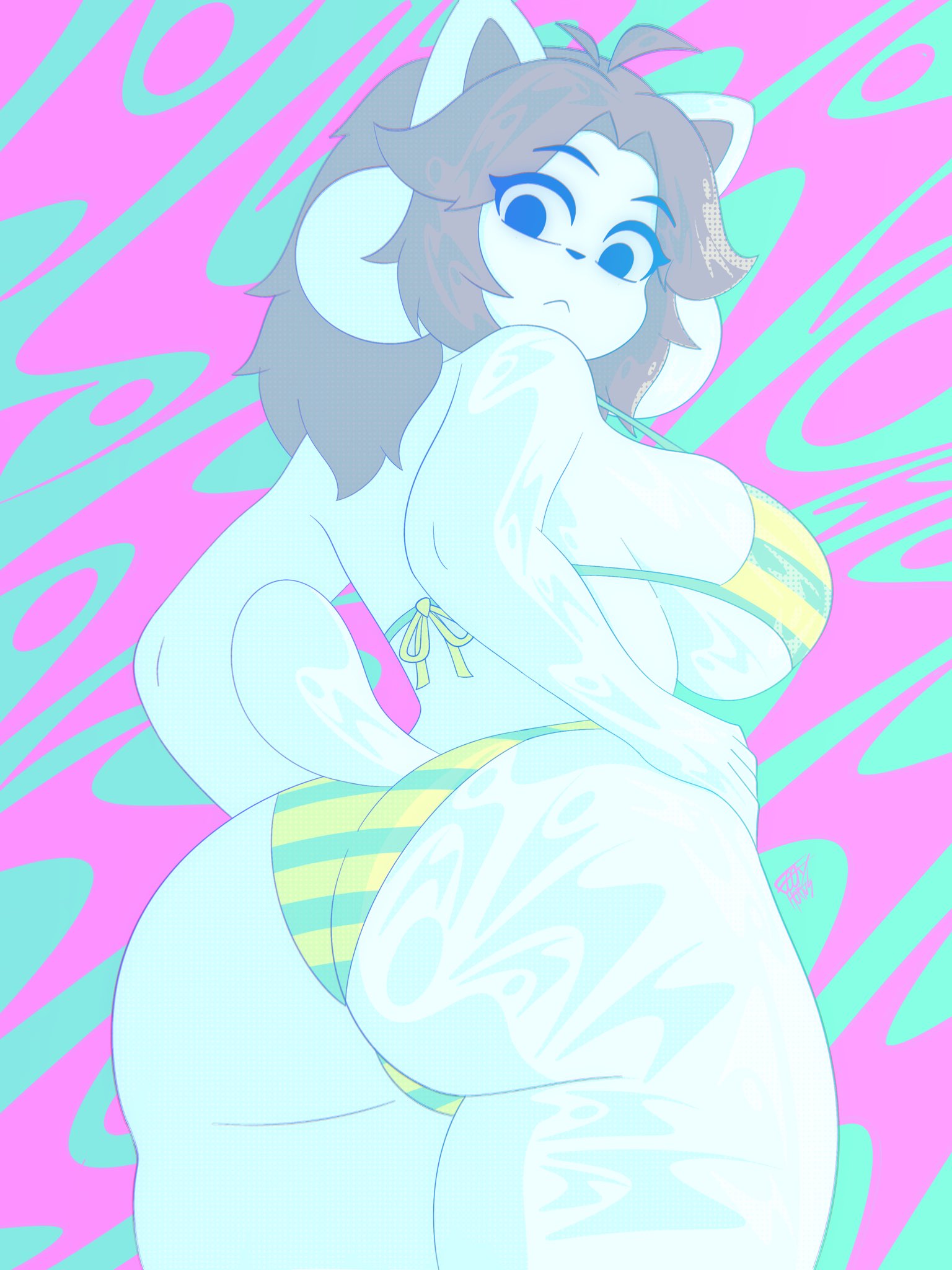 anthro beach big_ass big_breasts big_thighs bikini deltarune furry goofy_horns gray_hair presenting_hindquarters temmie_(deltarune) temmie_(undertale) undertale white_fur