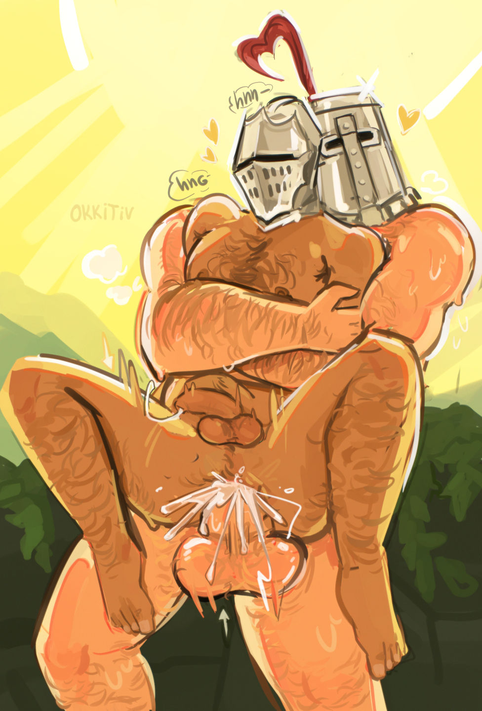 anal sex, balls, bara, barazoku, big penis, body hair, chosen undead, cum, cum inside, dark souls, fromsoftware, gay, hairy, hairy male, helmet, helmet only, knight, male only, okkitiv, pecs, penis, solaire of astora, stomach bulge, yaoi