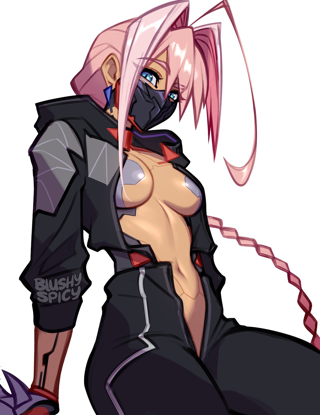 2026, 2d, ahoge, bangs, black clothing, blushypixy, blushyspicy, breasts, clothed, clothing, covered breasts, cybernetics, cyberpunk (series), cyberpunk 2077, cyberpunk girl, cyberpunk: edgerunners, cyborg, cyborg girl, facemask, faceplate, female, female focus, female only, hair vents, long hair, looking at viewer, mask, navel, open clothes, pink hair, simple background, sitting, solo, solo female, talia yang, tan skin, white background
