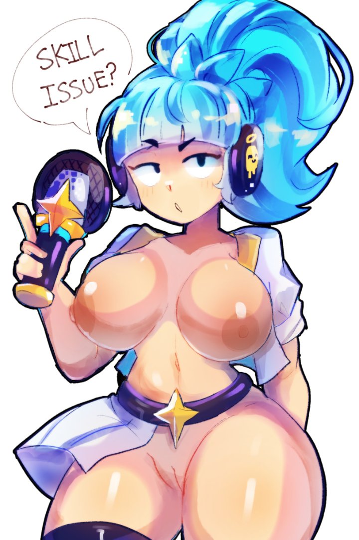 1girls, bangs, belly, belly button, belt, big breasts, blue hair, blue hair female, bottomless, bottomless female, brawl stars, breasts, curvy, curvy female, english, english text, female, female focus, female only, hair, headphones, high ponytail, jacket open, janet (brawl stars), light skin, light-skinned female, medium breasts, microphone, multiplylayer, navel, nipples, no bra, no panties, ponytail, popstar janet, short hair, simple background, skirt, solo, standing, text, thick, thick thighs, thighs, topless, topless female, white background