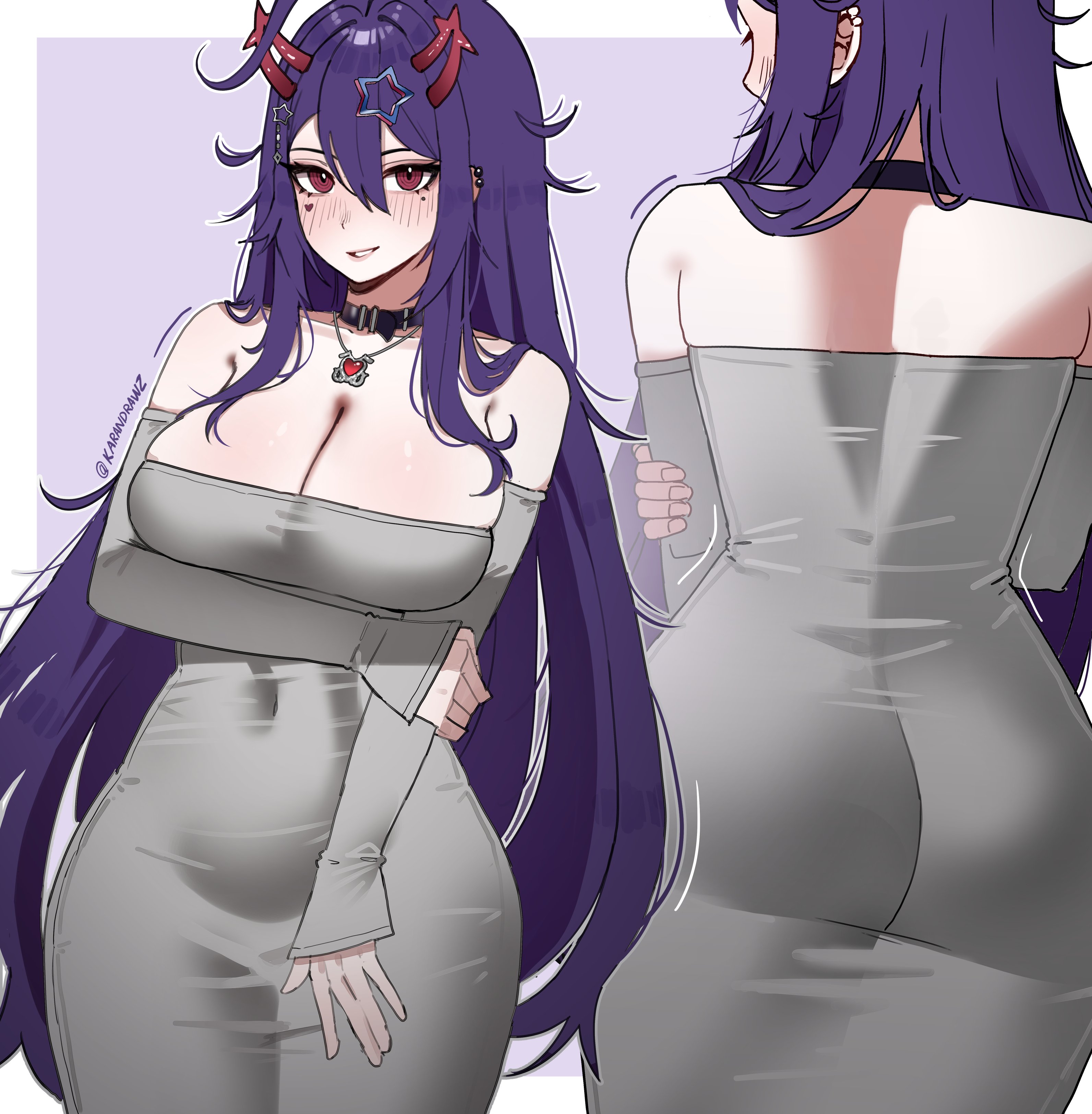1girl, 1girls, absurdres, ahoge, akuma nihmune, ass, back, bare shoulders, big breasts, black collar, breasts, cleavage, collar, curvy, demon horns, dongtan dress, dress, facial mark, female, from behind, grey dress, hair between eyes, hair ornament, heart, heart facial mark, heart necklace, highres, hips, horns, indie virtual youtuber, jewelry, karandrawz, large breasts, long hair, long sleeves, looking at viewer, mole, mole under eye, multiple views, necklace, purple hair, red eyes, red horns, star (symbol), star hair ornament, tight clothes, tight dress, tits, virtual youtuber, vtuber, wide hips