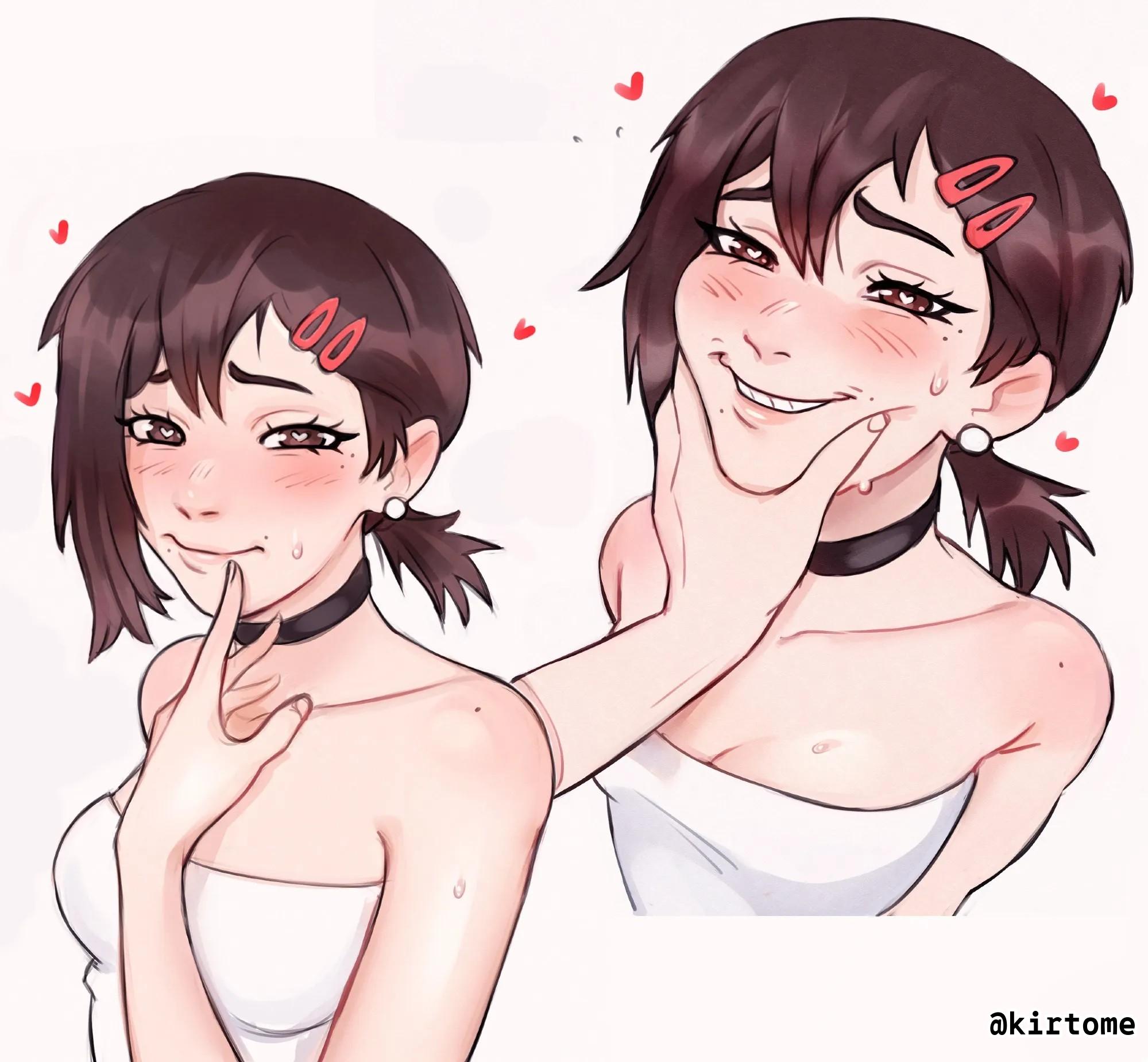 1:1, 1:1 aspect ratio, 1girls, 2d, 2d (artwork), 2d artwork, adult, adult female, anime, anime character, arm behind back, asian, asian female, asian girl, asian woman, average breasts, background, black choker, blank background, blush face, blush lines, blushing, blushing at viewer, blushing female, blushing lines, breasts, brown eyes, brown hair, brown-eyed female, brown-haired female, chainsaw man, choker, cleavage, closed mouth smile, collarbone, deep skin, digital, digital art, digital drawing, digital drawing (artwork), digital media, digital media (artwork), drawing, fanart, female, female focus, female only, fingernails, fingers, flushed, flushed face, grabbing face, hair between eyes, hair clip, hair clips, hairclip, hairclips, hand behind back, head tilt, heart eyes, heart-shaped pupils, hearts, higashiyama kobeni, japanese, japanese female, japanese girl, japanese woman, kirtome, kobeni higashiyama, lean figure, light smile, looking at viewer, mappa, mature, mature female, medium breasts, mole, mole on body, mole on cheek, mole on face, mole under eye, mole under mouth, monotone background, narrow waist, nervous, nervous expression, nervous face, nervous female, nervous smile, one color background, plain background, ponytail, shonen jump, short hair, short ponytail, shoulders, shueisha, shy, shy expression, shy female, shy girl, shy smile, slender body, slender waist, slight smile, slim female, slim waist, smile, smiley face, smiling, smiling at viewer, solid color background, solo, standing, symbol shaped pupils, symbol-shaped pupils, tied hair, tilted head, upper body, weekly shonen jump, white background, white pupils