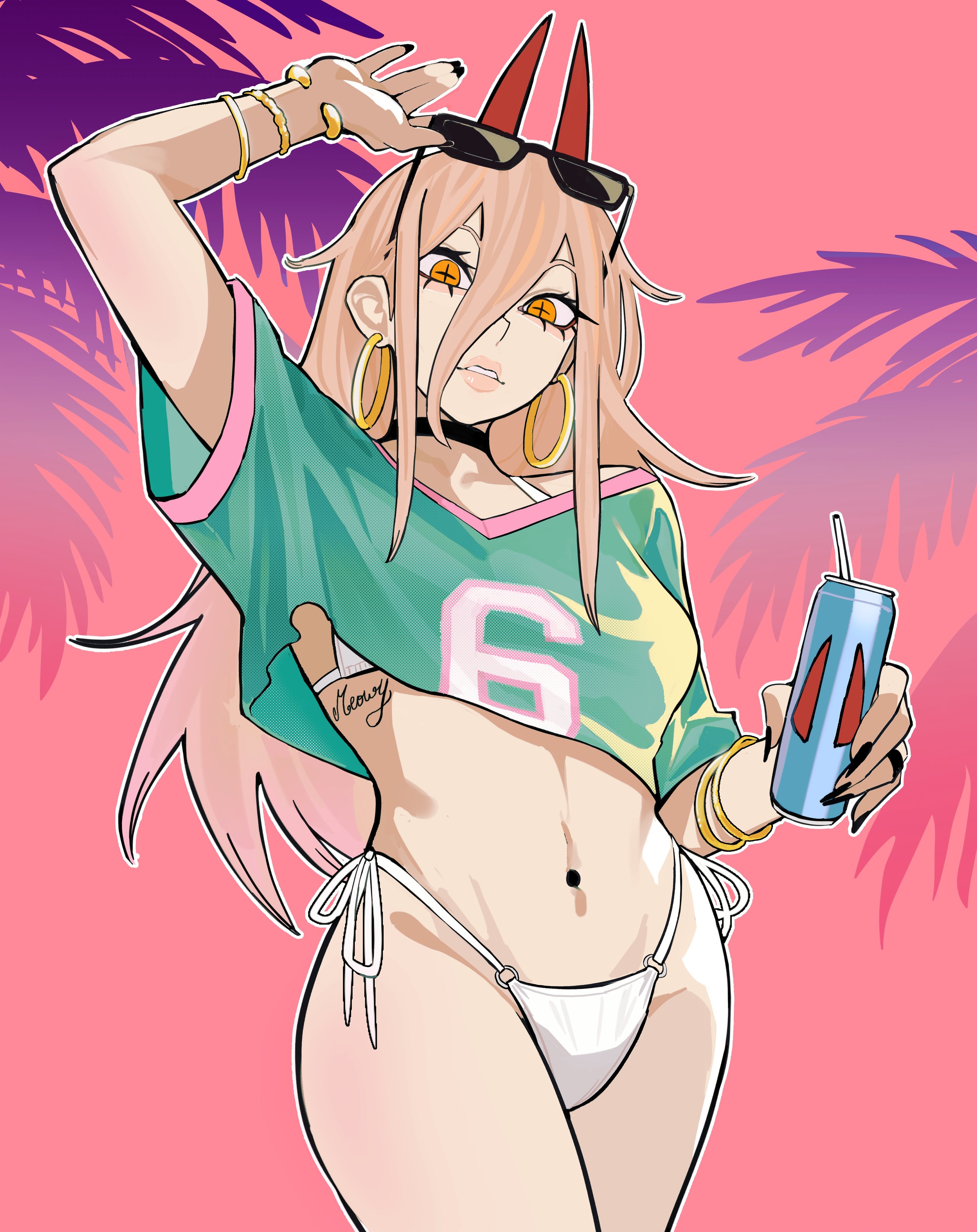 1girls, 2d, 2d (artwork), 2d artwork, anime, anime character, arm above head, arm up, background, baddie, belly, belly button, bewitching thighs, bikini, bikini bottom, bikini top, black choker, black fingernails, black nail polish, black nails, blonde, blonde female, blonde hair, blonde hair female, blonde-haired female, bracelet, breasts, chainsaw man, child bearing hips, choker, clothes, crop top, cropped shirt, crosshair pupils, curvaceous, curvaceous body, curvaceous female, curvaceous figure, curvaceous hips, curvy, curvy body, curvy female, curvy figure, curvy hips, demon, devil, digital, digital art, digital drawing, digital drawing (artwork), digital media, digital media (artwork), drawing, earrings, elbows, fanart, female, female focus, female only, fertile, fertile hips, fingernails, fingers, fit female, from below view, from front, front view, green clothes, green shirt, green topwear, groin, hair between eyes, halterneck, hand above head, hand up, head tilt, horn, horns, hourglass figure, inguinal crease, inguinal ligament, lascivious, lean figure, legs closed, legs together, linea alba, long hair, looking at viewer, looking down, looking down at viewer, low angle view, low-angle shot, mappa, medium breasts, midriff, nail polish, nails, narrow waist, navel, pink background, plain background, portrait, posing, posing for the viewer, posing naked, posing nude, power (chainsaw man), red horn, red horns, sailen0, shirt, shonen jump, shoulders, shueisha, side-tie bikini, slender body, slender waist, slim female, slim waist, solid color background, solo, standing, stomach, string bikini, sunglasses, sunglasses on forehead, sunglasses on head, swimsuit, swimwear, thick thighs, thighs, thighs together, tilted head, top view, topwear, upper body, view from below, viewed from below, voluptuous, voluptuous body, voluptuous female, voluptuous figure, voluptuous woman, weekly shonen jump, white bikini, white bikini bottom, white bikini top, white swimsuit, white swimwear, wide hips, yellow eyes, yellow-eyed female