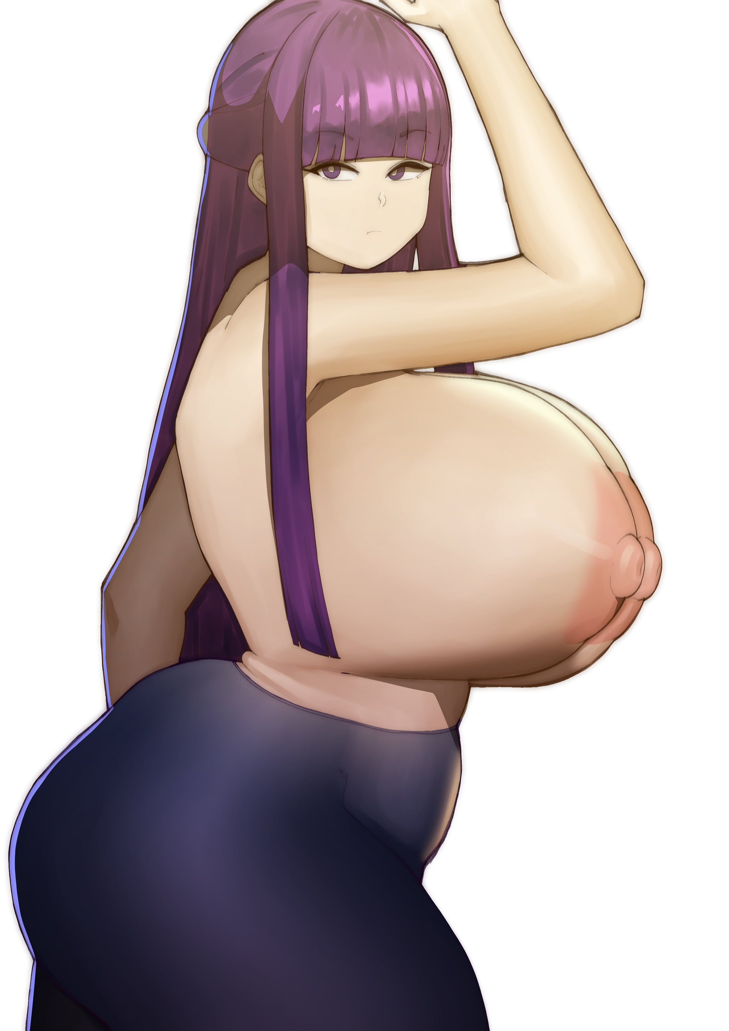 1girls, alternate breast size, arm up, ass, belly, blunt bangs, breasts, bright pupils, closed mouth, clothing, curvy, doublehero, expressionless, female, fern (sousou no frieren), from side, gigantic breasts, huge breasts, large breasts, long hair, looking at viewer, nipples, pants, pantyhose, plump, purple eyes, purple hair, purple pupils, sidelocks, simple background, solo, sousou no frieren, straight hair, thick thighs, thighs, topless, white background