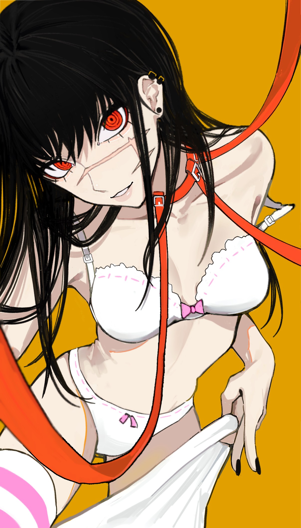 1girls, 2d, 2d (artwork), 2d artwork, alternate personality, anime, anime character, background, bare armpits, bare arms, bare belly, bare chest, bare hands, bare hips, bare midriff, bare navel, bare shoulders, bare skin, belly, belly button, black fingernails, black hair, black nail polish, black nails, black-haired female, bra, breasts, chainsaw man, cleavage, collar, collarbone, devil, digital, digital art, digital drawing, digital drawing (artwork), digital media, digital media (artwork), drawing, ear piercing, ear piercings, exposed, exposed armpits, exposed arms, exposed belly, exposed chest, exposed hips, exposed midriff, exposed navel, exposed shoulders, exposed skin, face scar, fanart, female, female focus, female only, fingernails, fingers, frilled bra, frilled underwear, from above, from front, front view, groin, half naked, half nude, head tilt, hi res, high res, high resolution, high-angle shot, highres, inguinal crease, inguinal ligament, lean figure, leash, legwear, long hair, looking at viewer, looking up, looking up at viewer, mappa, medium breasts, midriff, monotone background, nail polish, nails, naked, naked female, naked woman, narrow waist, navel, nude, nude female, nudity, one color background, panties, parted lips, partially undressed, petite, petite body, petite breasts, petite female, petite girl, petite tits, pierced ear, pierced ears, pink legwear, pink stockings, pink thigh highs, pink thighhighs, plain background, portrait, posing, posing for the viewer, posing naked, posing nude, red collar, red eyes, red leash, red-eyed female, ribbon bra, ribbon panties, ring eyes, ringed eyes, sailen0, scarred, scarred face, scars, scars on face, semi nude, shonen jump, shoulders, shueisha, slender body, slender waist, slim female, slim waist, smile, smiley face, smiling, smiling at viewer, solid color background, solo, standing, stockings, striped legwear, striped stockings, striped thigh highs, striped thighhighs, thigh gap, thigh highs, thighhighs, thighs, tilted head, top view, underwear, upper body, viewed from above, weekly shonen jump, white bra, white legwear, white panties, white stockings, white thigh highs, white thighhighs, white underwear, yellow background, yoru (chainsaw man)