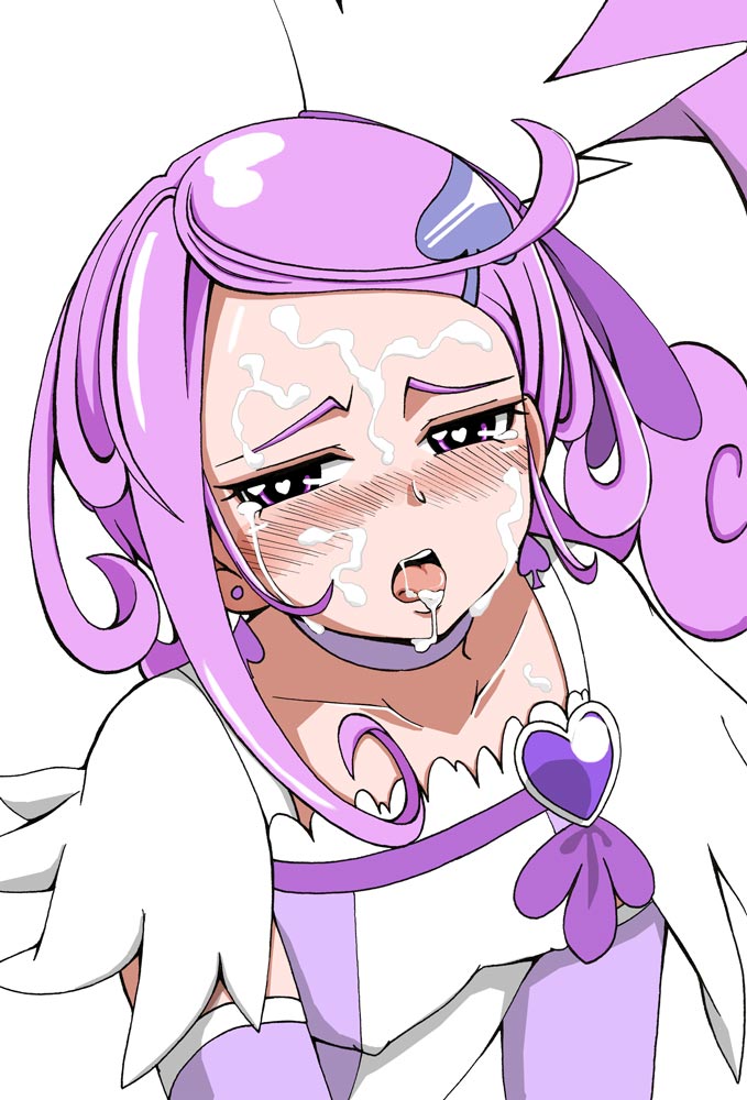 1girls blush clothing cum cum_on_face cure_sword dokidoki!_precure erect_nipples erect_nipples_under_clothes female heart-shaped_pupils kenzaki_makoto magical_girl precure pretty_cure purple_eyes purple_hair sekine_(artist) small_breasts solo