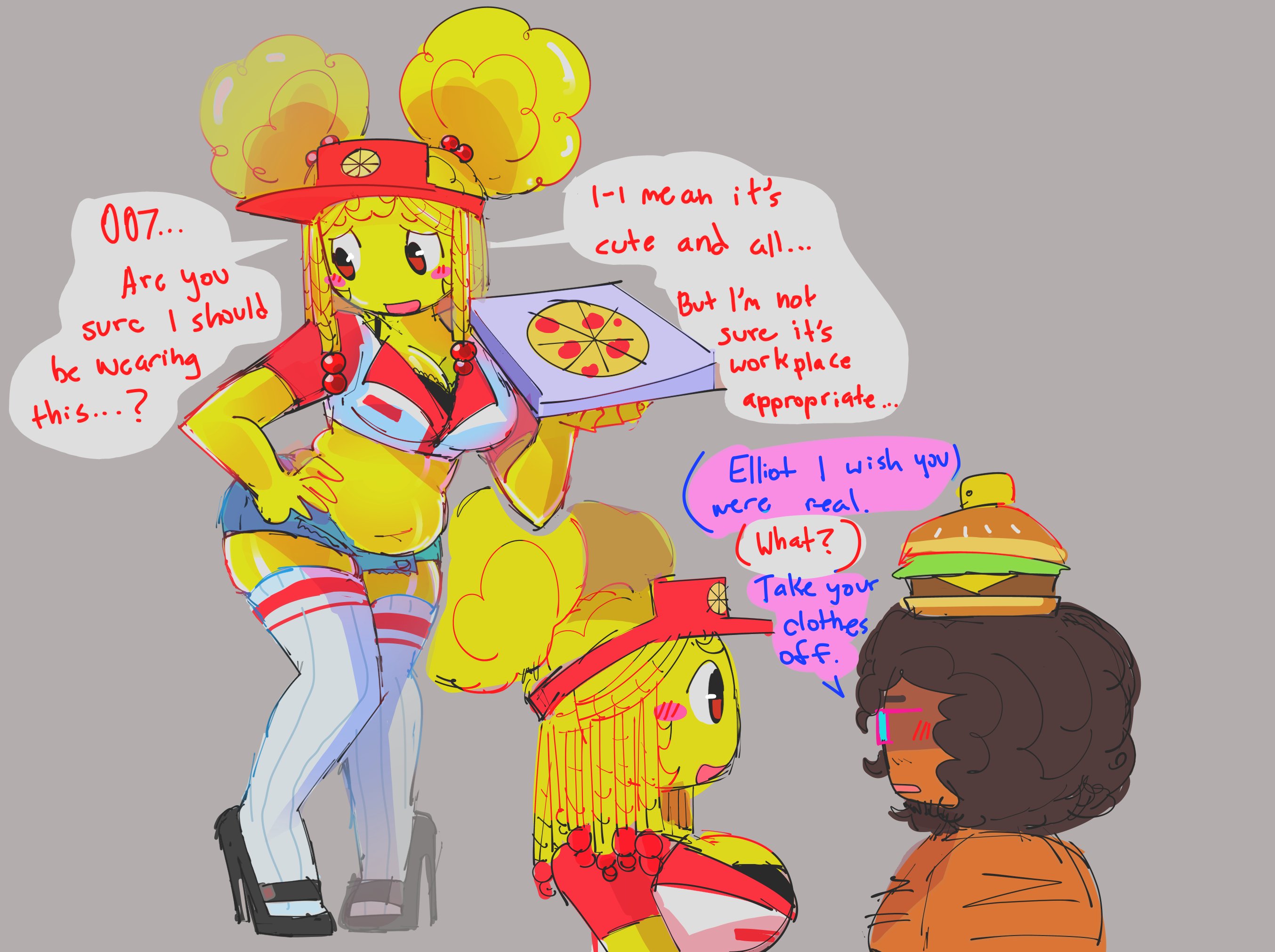 007n7, 007n7 (roblox), basslapping, belly, chubby, chubby female, cute, dialogue, elliot (work at a pizza place), english text, exposed belly, nervous, pigtails, pizza box, pizza delivery, roblox, roblox game, robloxian, rule 63, speech bubble, text, work at a pizza place, yellow body