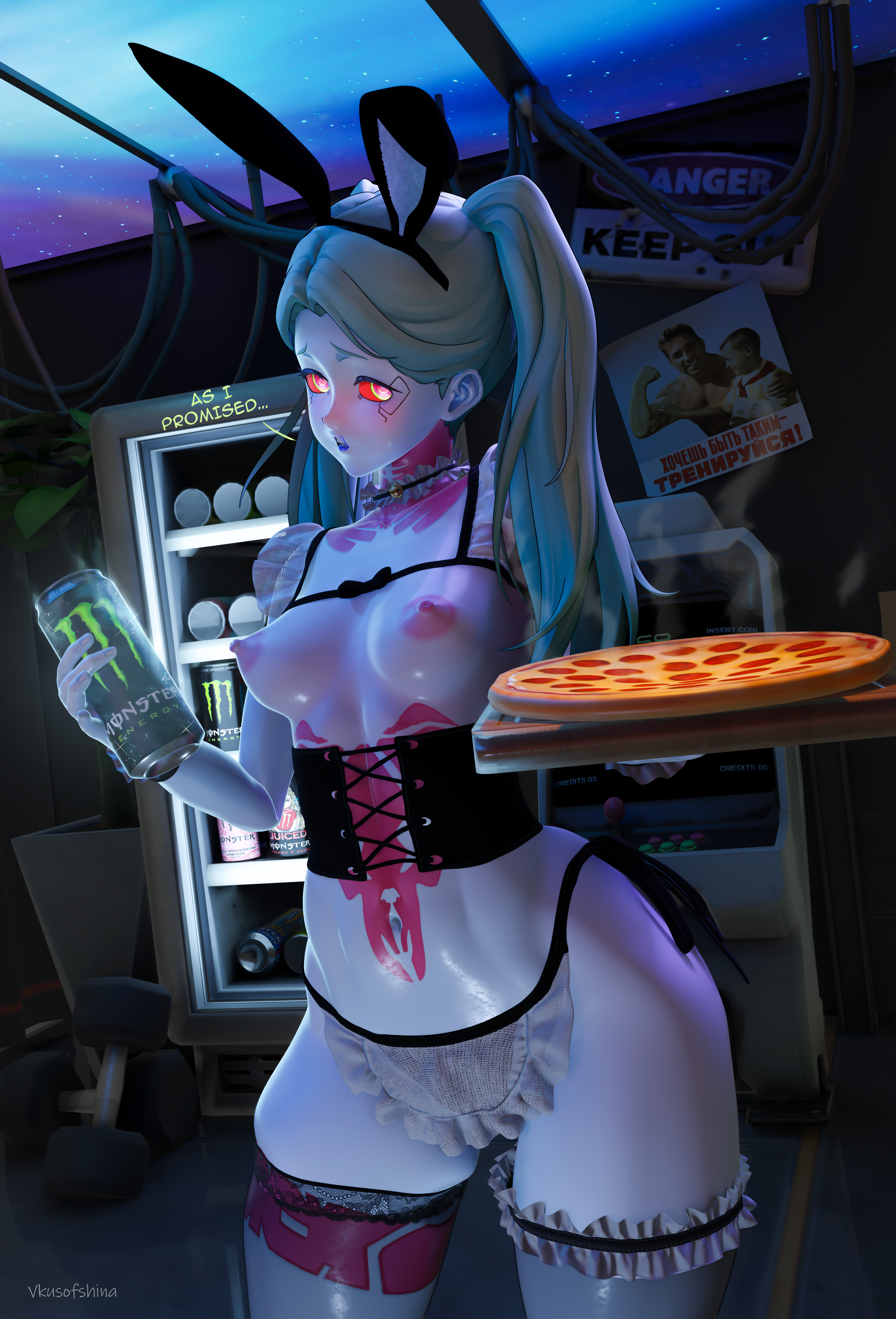3d, cyberpunk 2077, cyberpunk: edgerunners, food, maid, petite, rebecca (edgerunners), thick thighs, thighhighs, vkusofshina